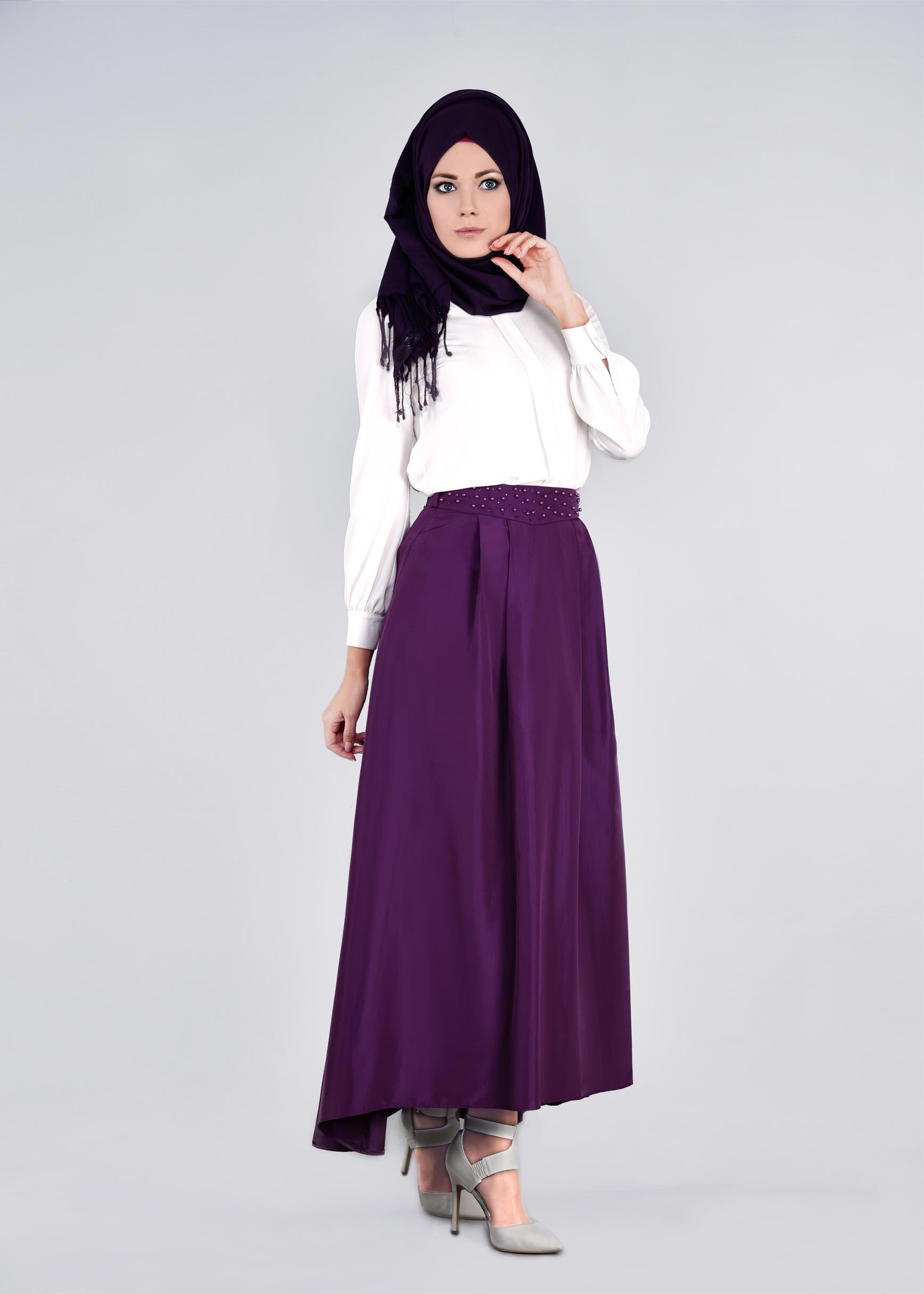 Tesettür giyim MOR ASİMETRİK KESİM CEPLİ ETEK 6079