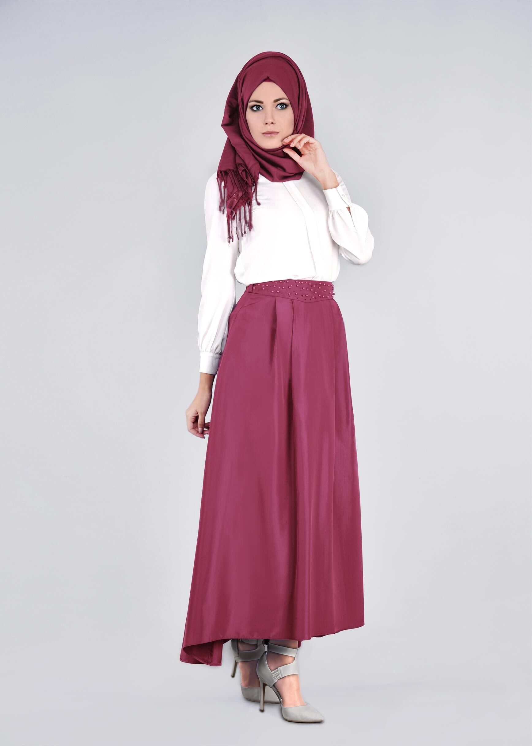 Tesettür giyim FUŞYA ASİMETRİK KESİM CEPLİ ETEK 6079