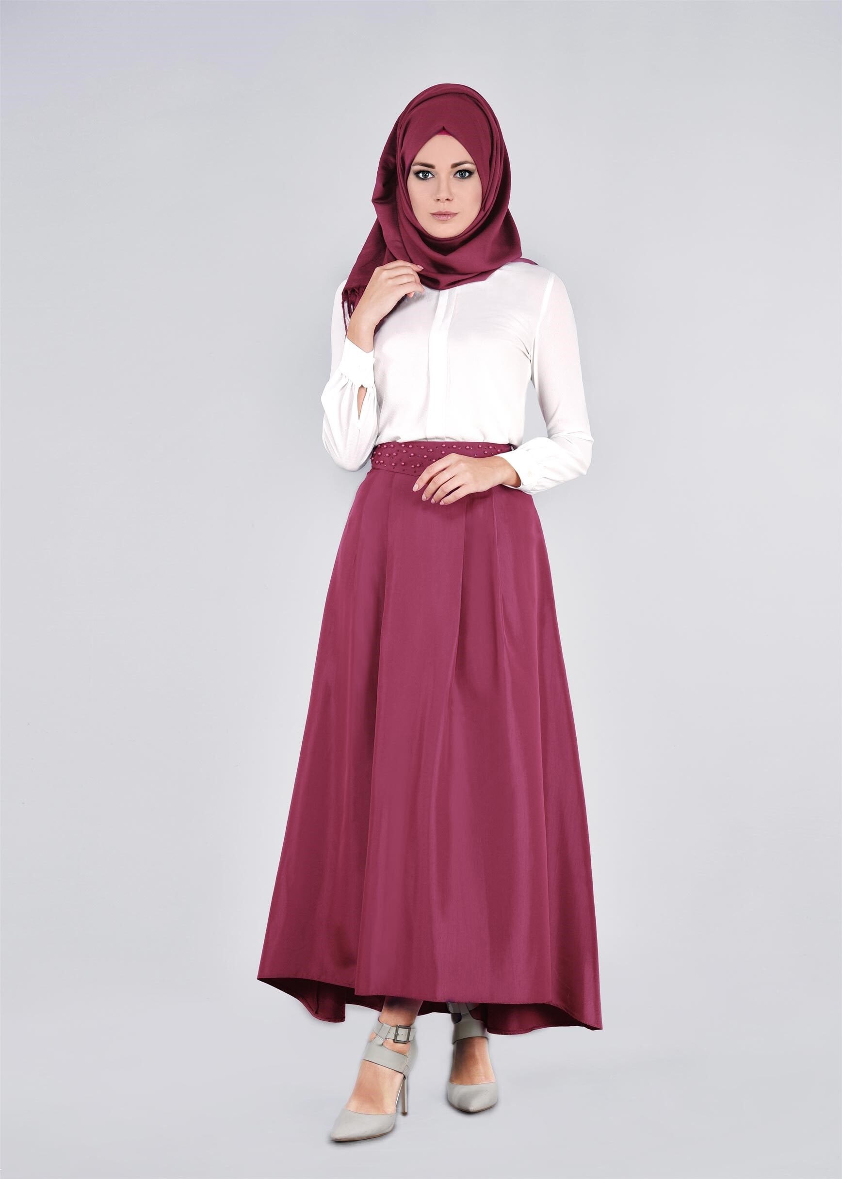 Tesettür giyim FUŞYA ASİMETRİK KESİM CEPLİ ETEK 6079