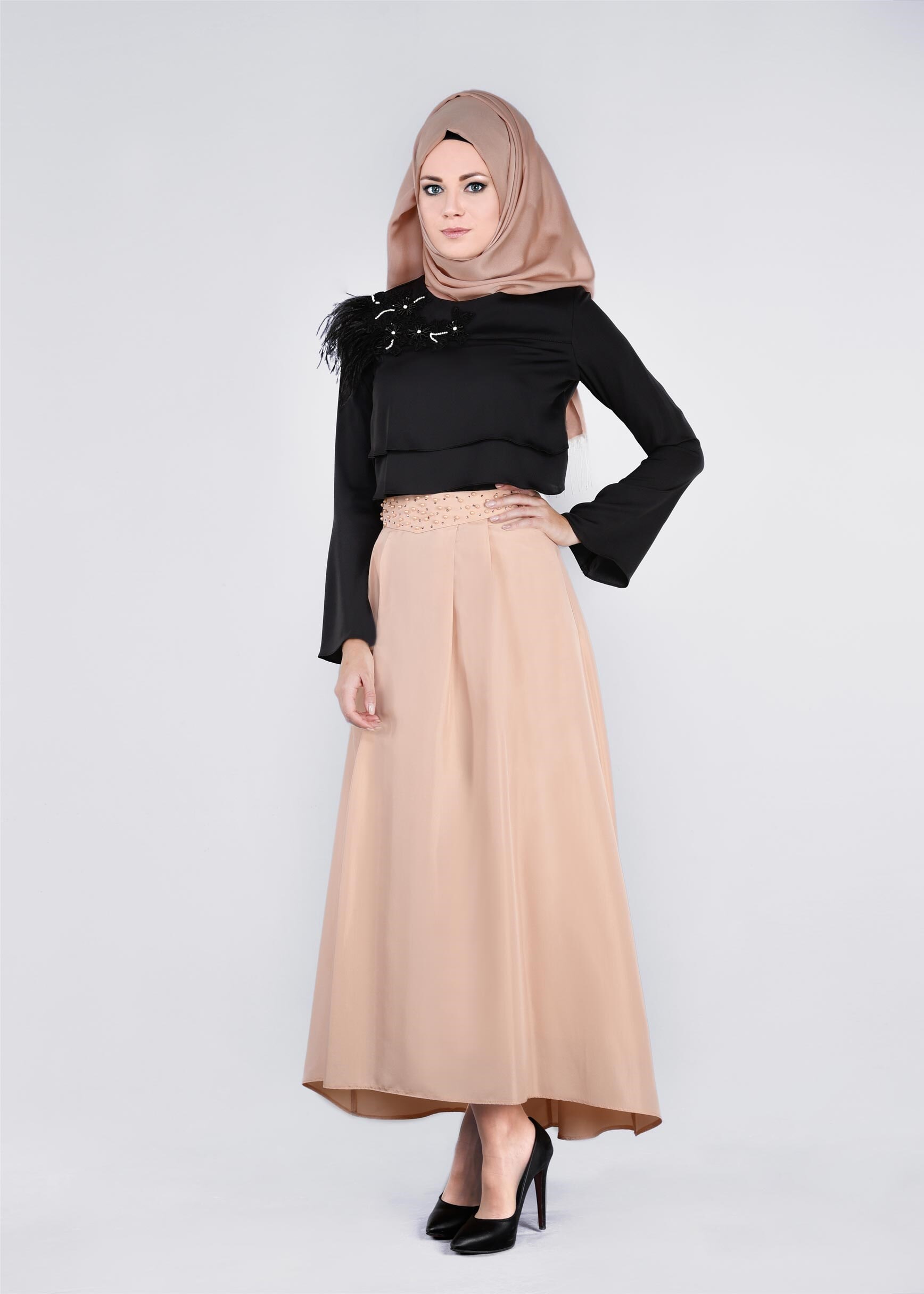 Tesettür giyim PUDRA ASİMETRİK KESİM CEPLİ ETEK 6079