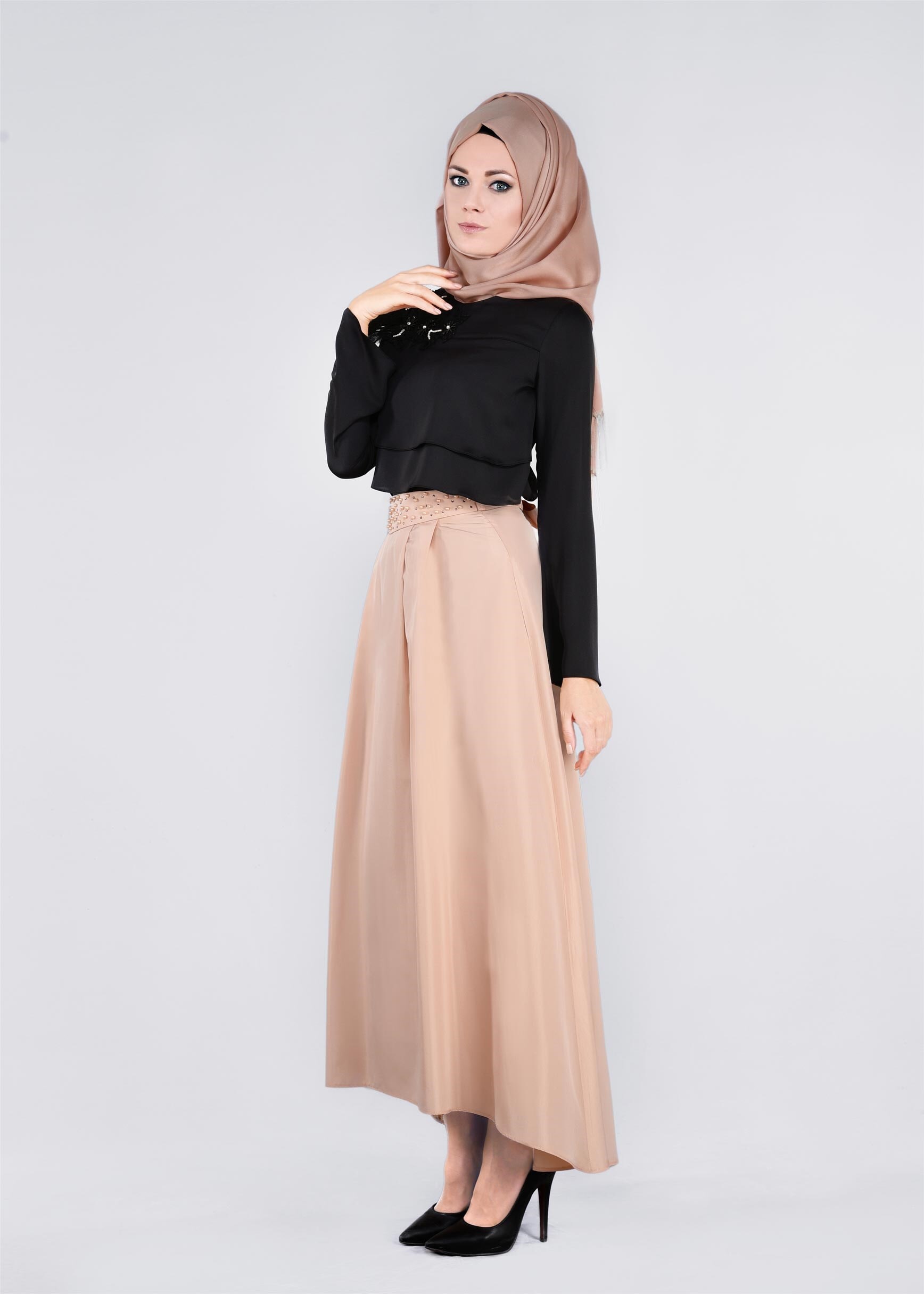 Tesettür giyim PUDRA ASİMETRİK KESİM CEPLİ ETEK 6079