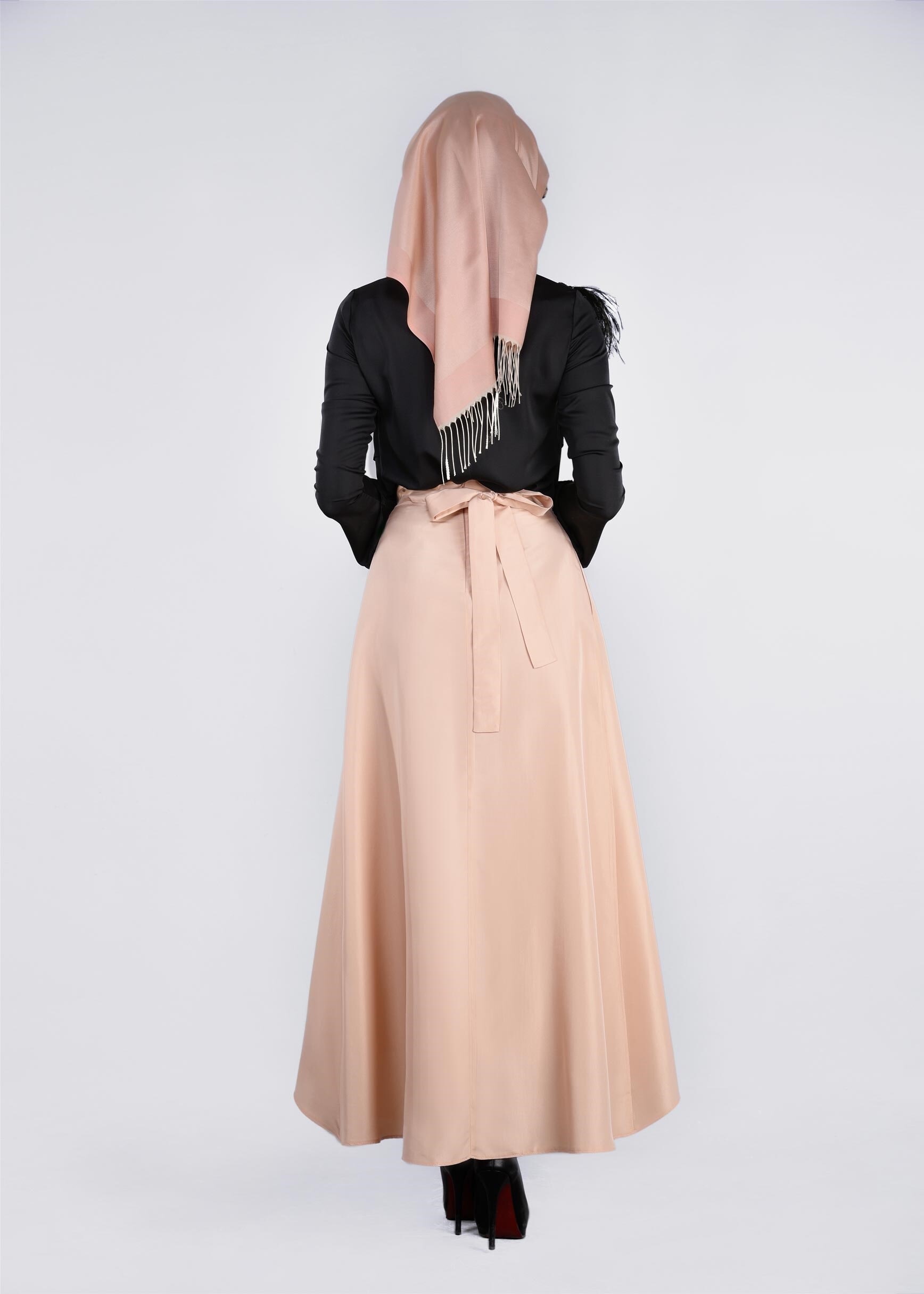 Tesettür giyim PUDRA ASİMETRİK KESİM CEPLİ ETEK 6079