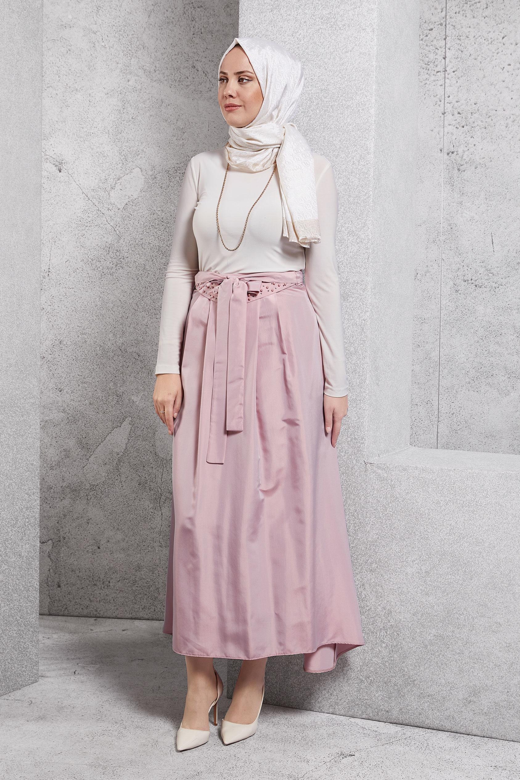 Tesettür giyim PEMBE ASİMETRİK KESİM CEPLİ ETEK 6079