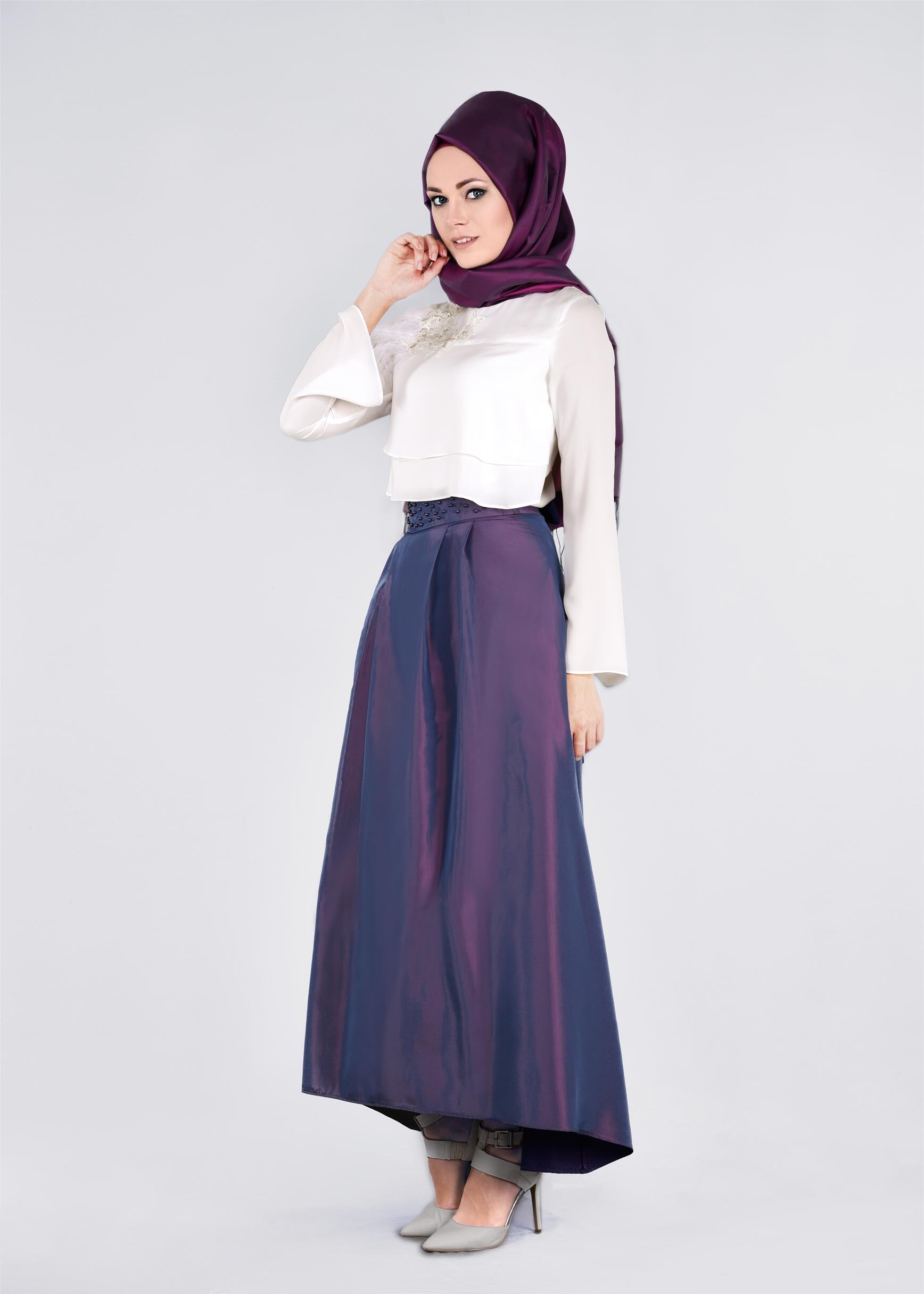 Tesettür giyim MOR ASİMETRİK KESİM CEPLİ ETEK 6079