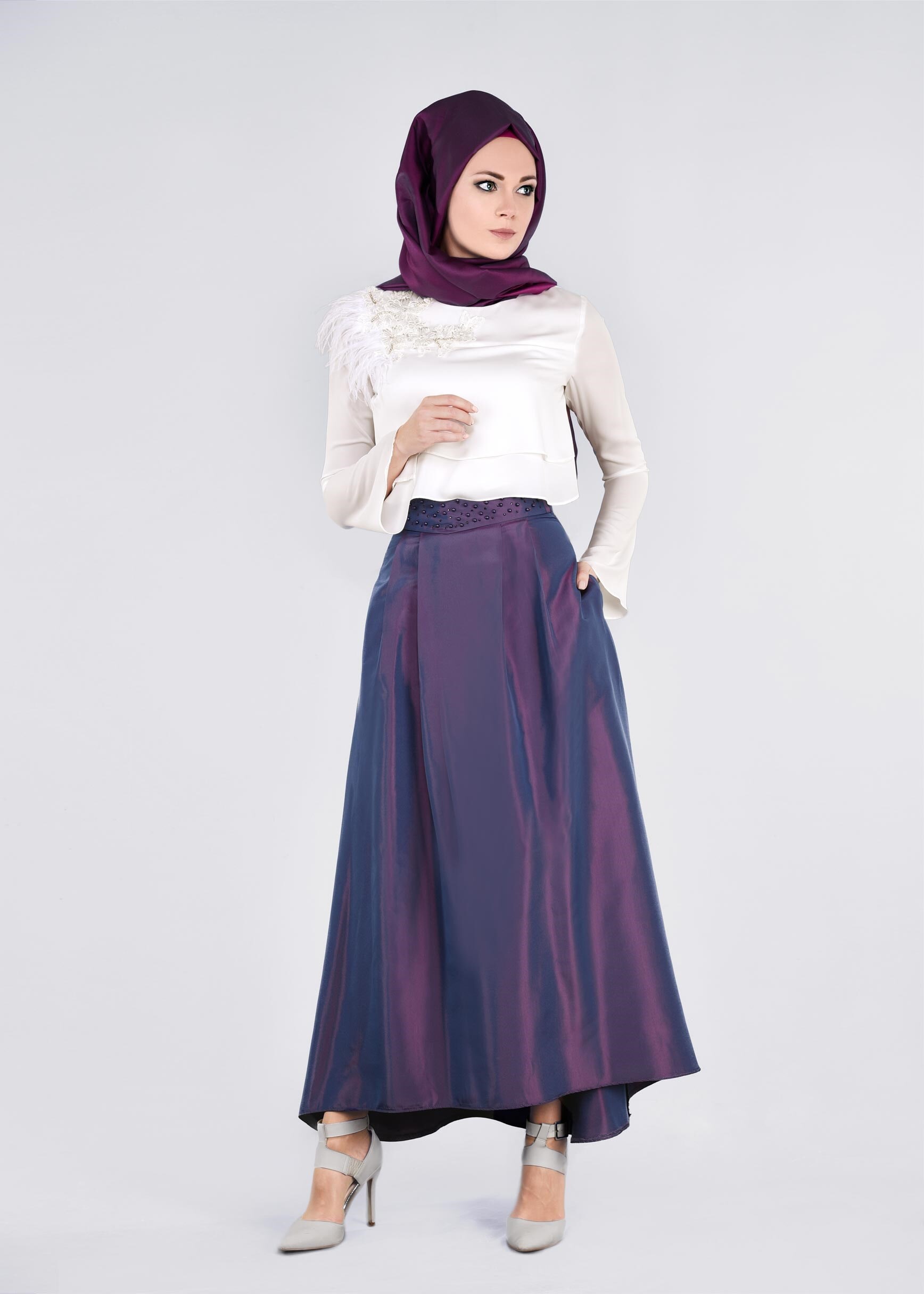 Tesettür giyim MOR ASİMETRİK KESİM CEPLİ ETEK 6079