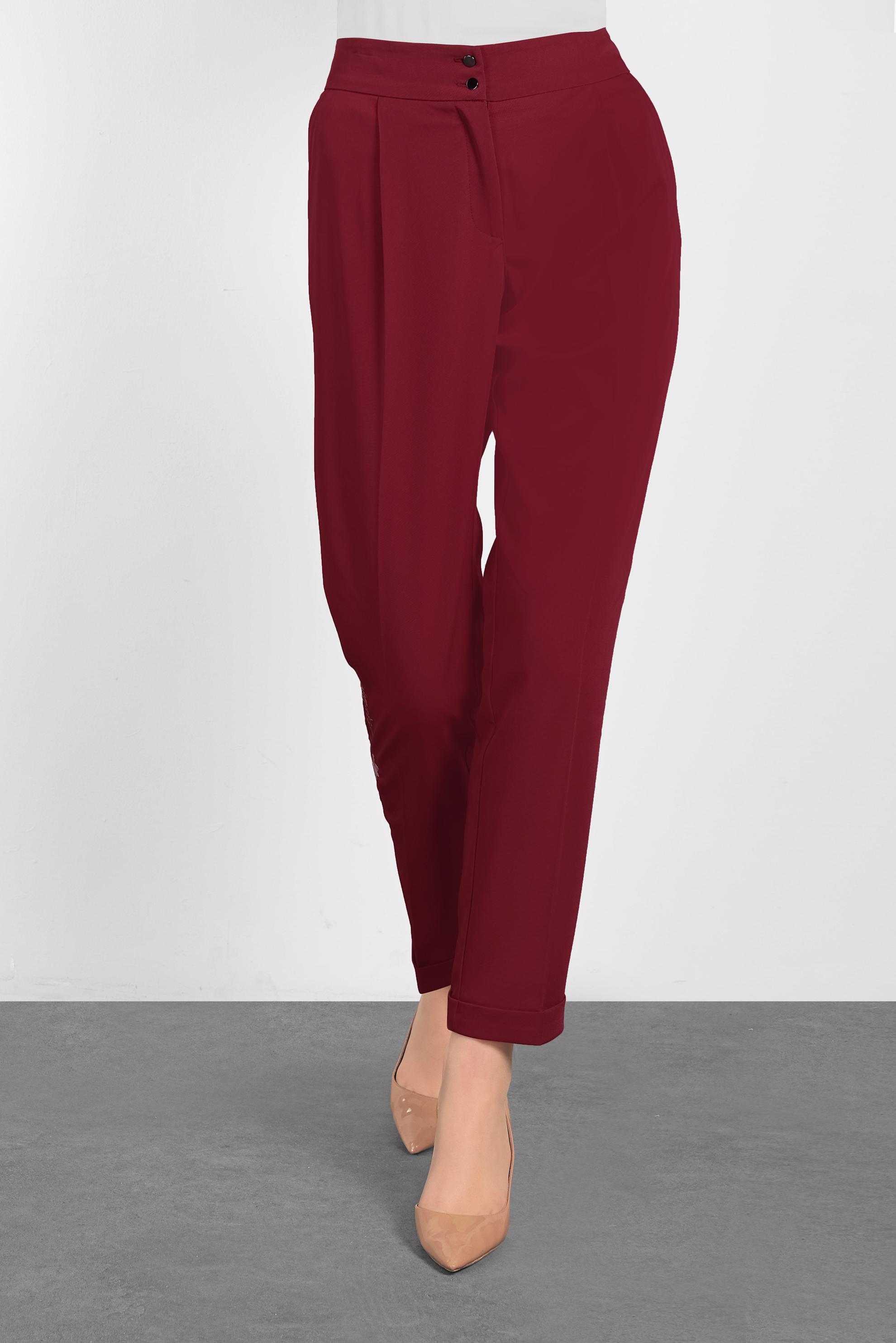 Tesettür giyim BORDO ÇİÇEK İŞLEMELİ PANTOLON 7174 