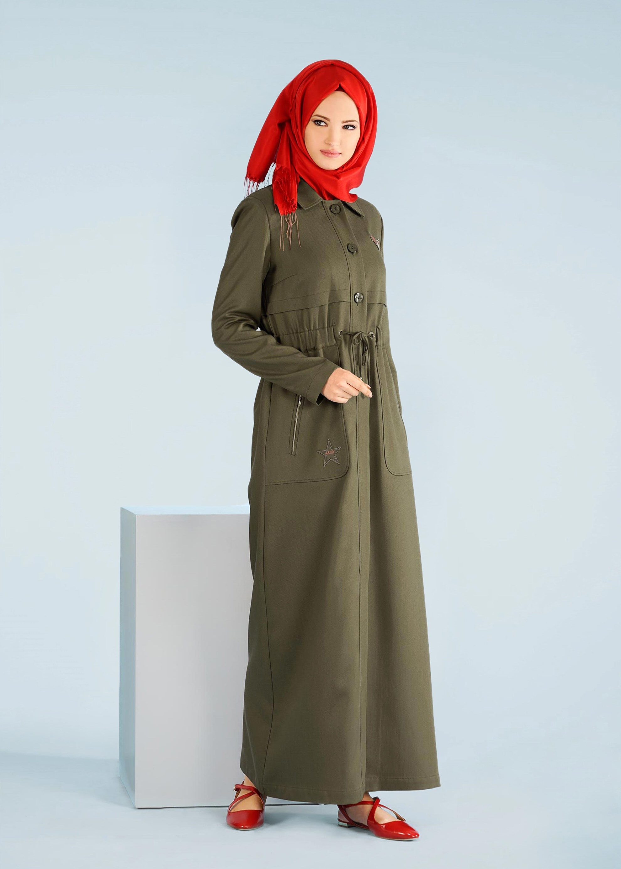 Tesettür giyim HAKİ 1011 TAYLOR PARDESÜ 38/46 TEK40