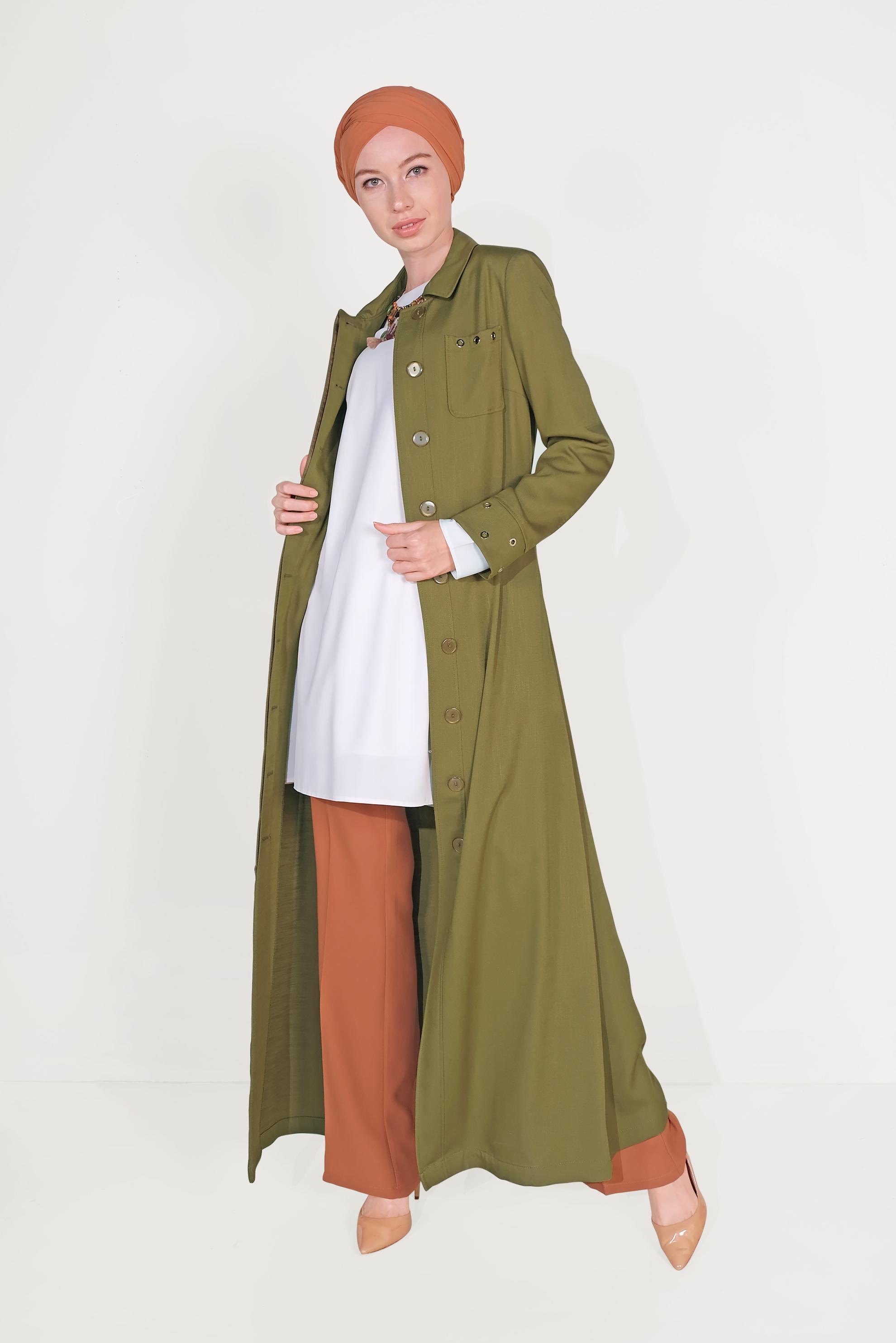 Tesettür giyim YEŞİL MANŞETLERİ KUŞ GÖZÜ DETAYLI KUŞAKLI PARDESÜ 1016 