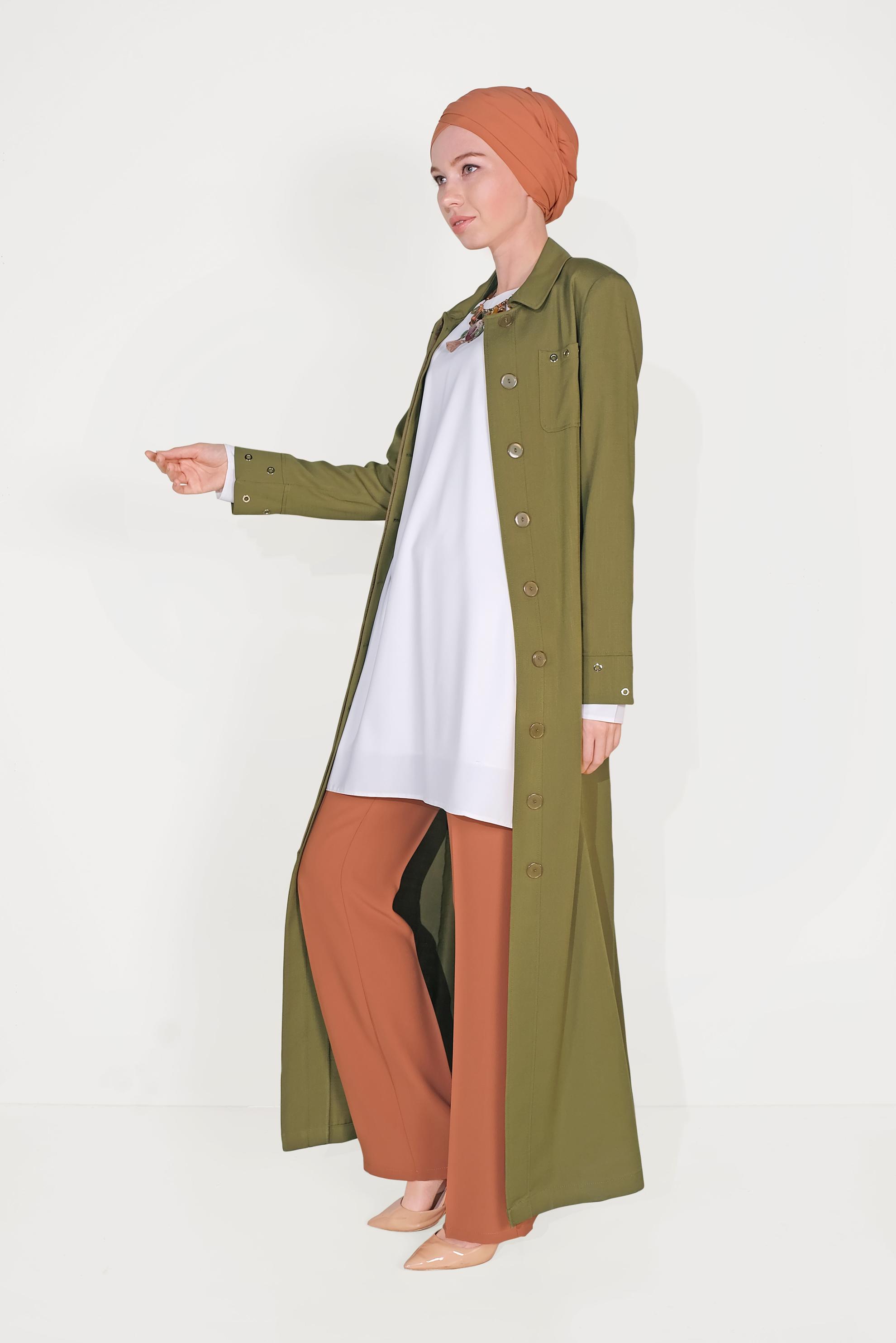 Tesettür giyim YEŞİL MANŞETLERİ KUŞ GÖZÜ DETAYLI KUŞAKLI PARDESÜ 1016 