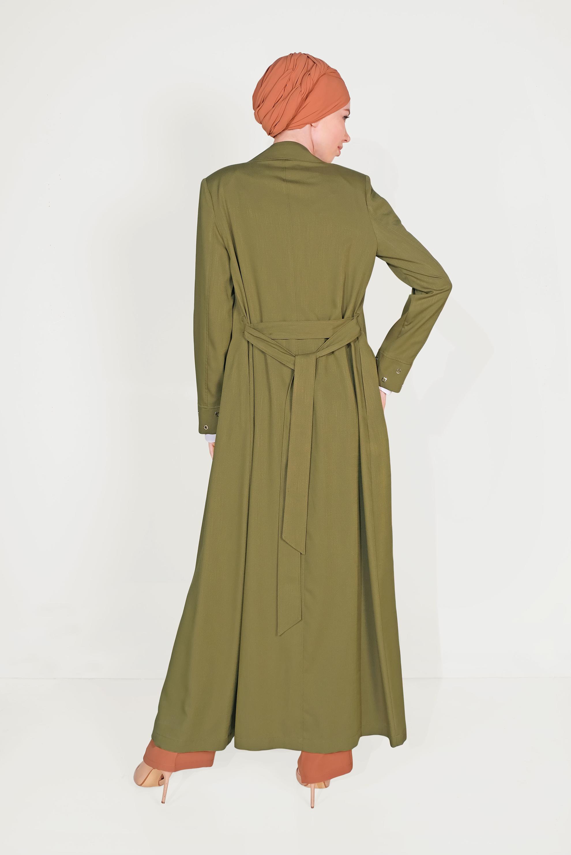 Tesettür giyim YEŞİL MANŞETLERİ KUŞ GÖZÜ DETAYLI KUŞAKLI PARDESÜ 1016 