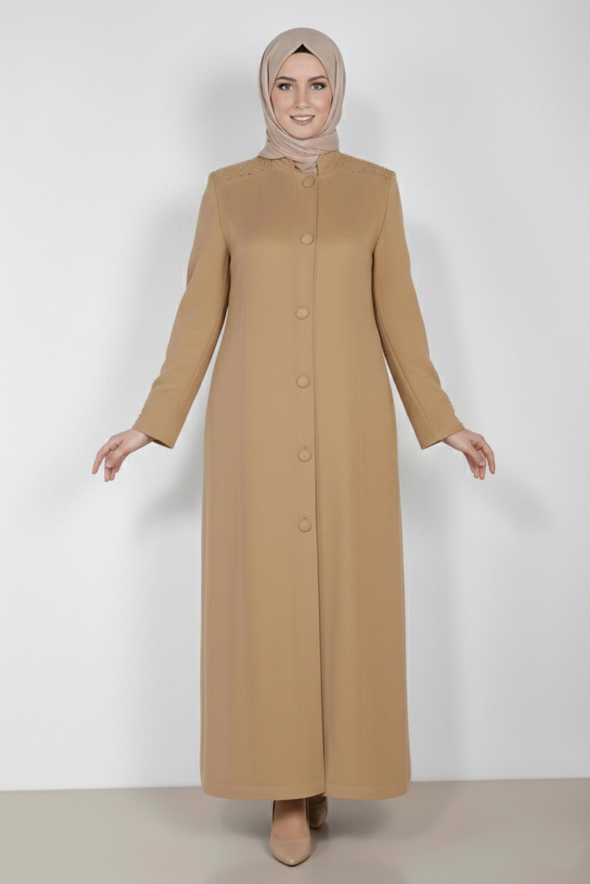 Tesettür giyim KAHVE OMUZLARI TAŞ DETAYLI PARDESÜ 1040
