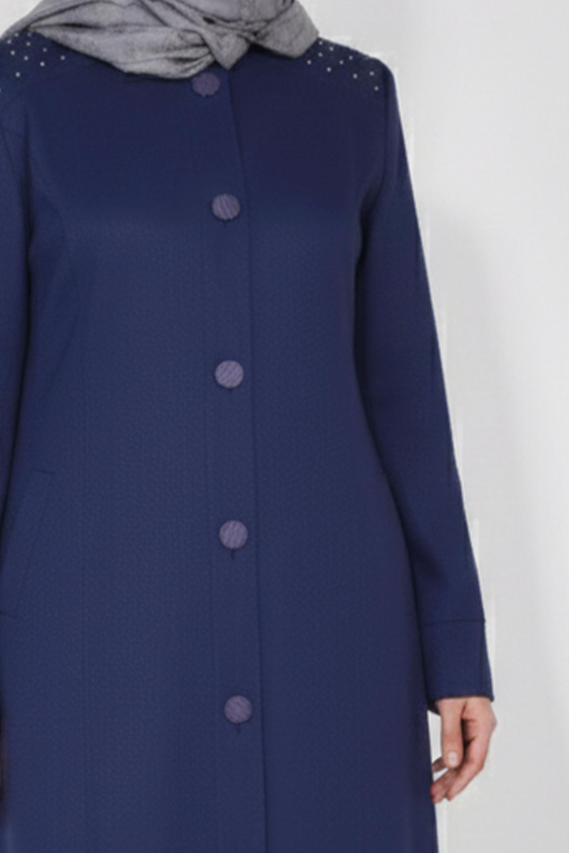 Tesettür giyim LACİVERT OMUZLARI TAŞ DETAYLI PARDESÜ 1040