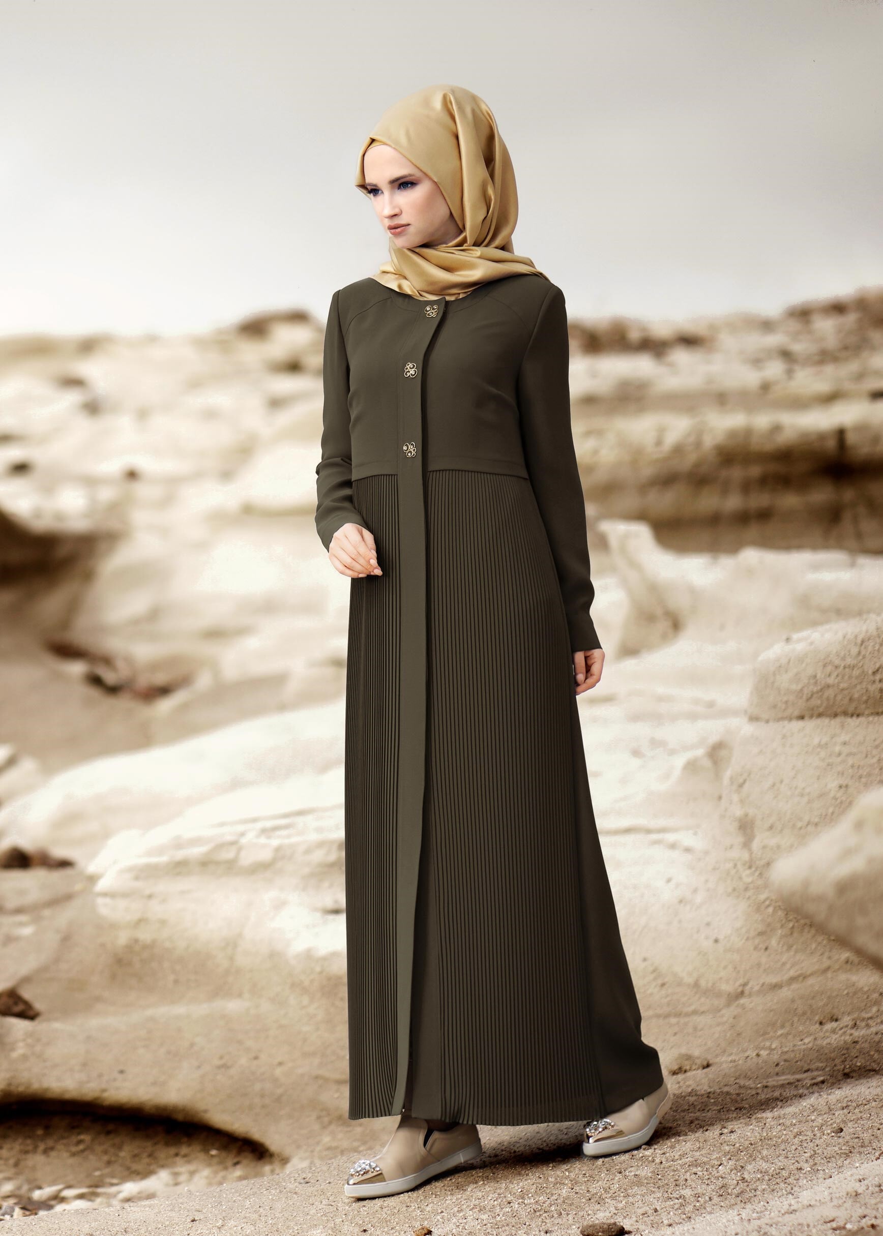 Tesettür giyim HAKİ 1051 MİLAS PARDESÜ 40/48 TEK38