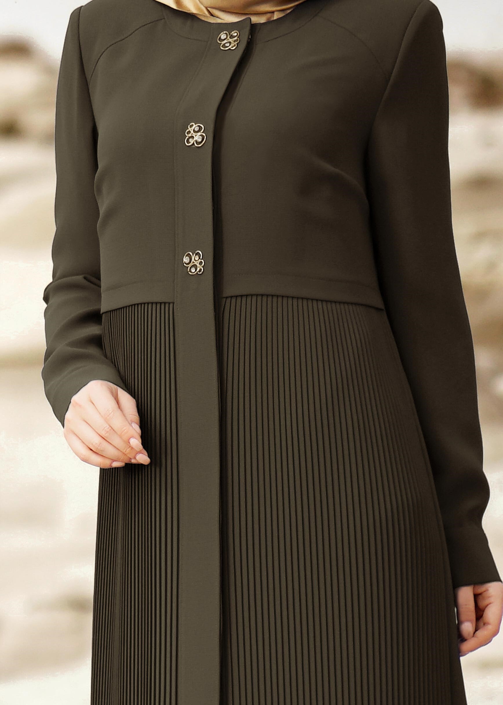 Tesettür giyim HAKİ 1051 MİLAS PARDESÜ 40/48 TEK38