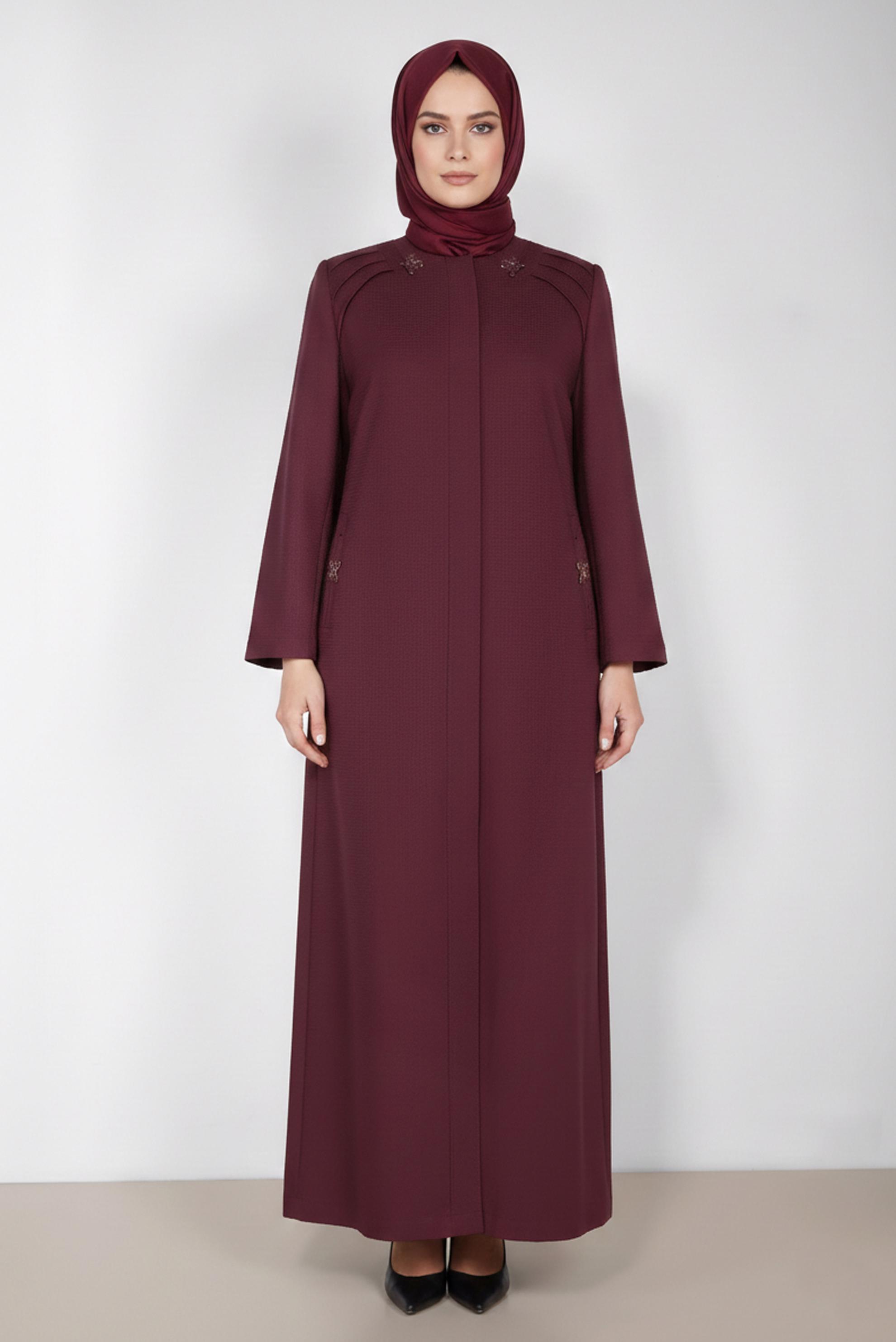 Tesettür giyim BORDO CEP DETAYLI PARDESÜ 1069