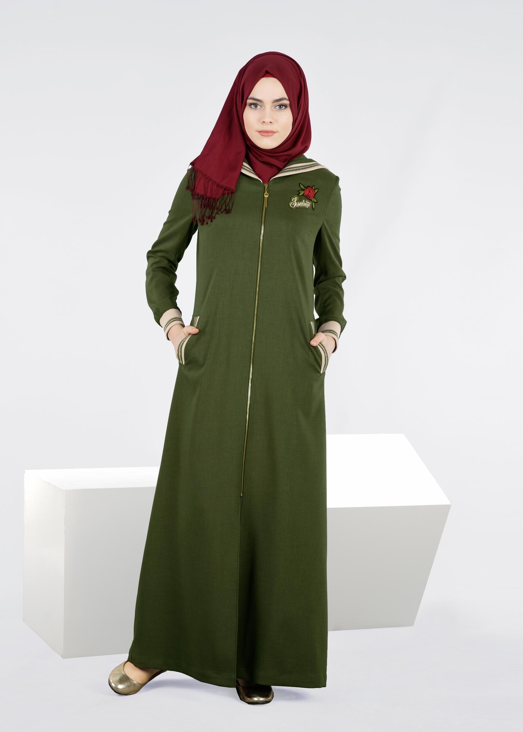 Tesettür giyim HAKİ 1070 STİL 8563 PARDESÜ 38/44 TEK40