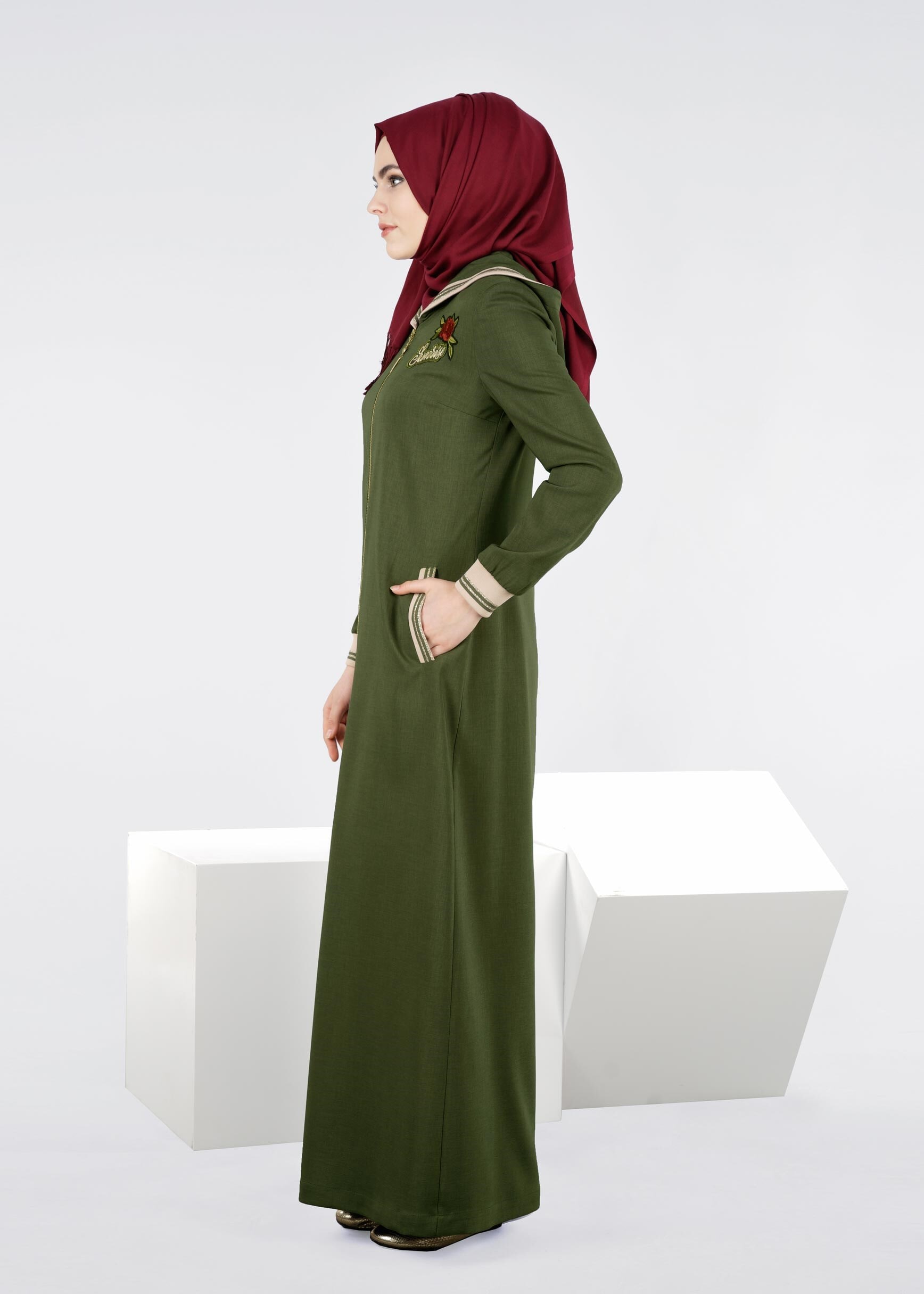 Tesettür giyim HAKİ 1070 STİL 8563 PARDESÜ 38/44 TEK40