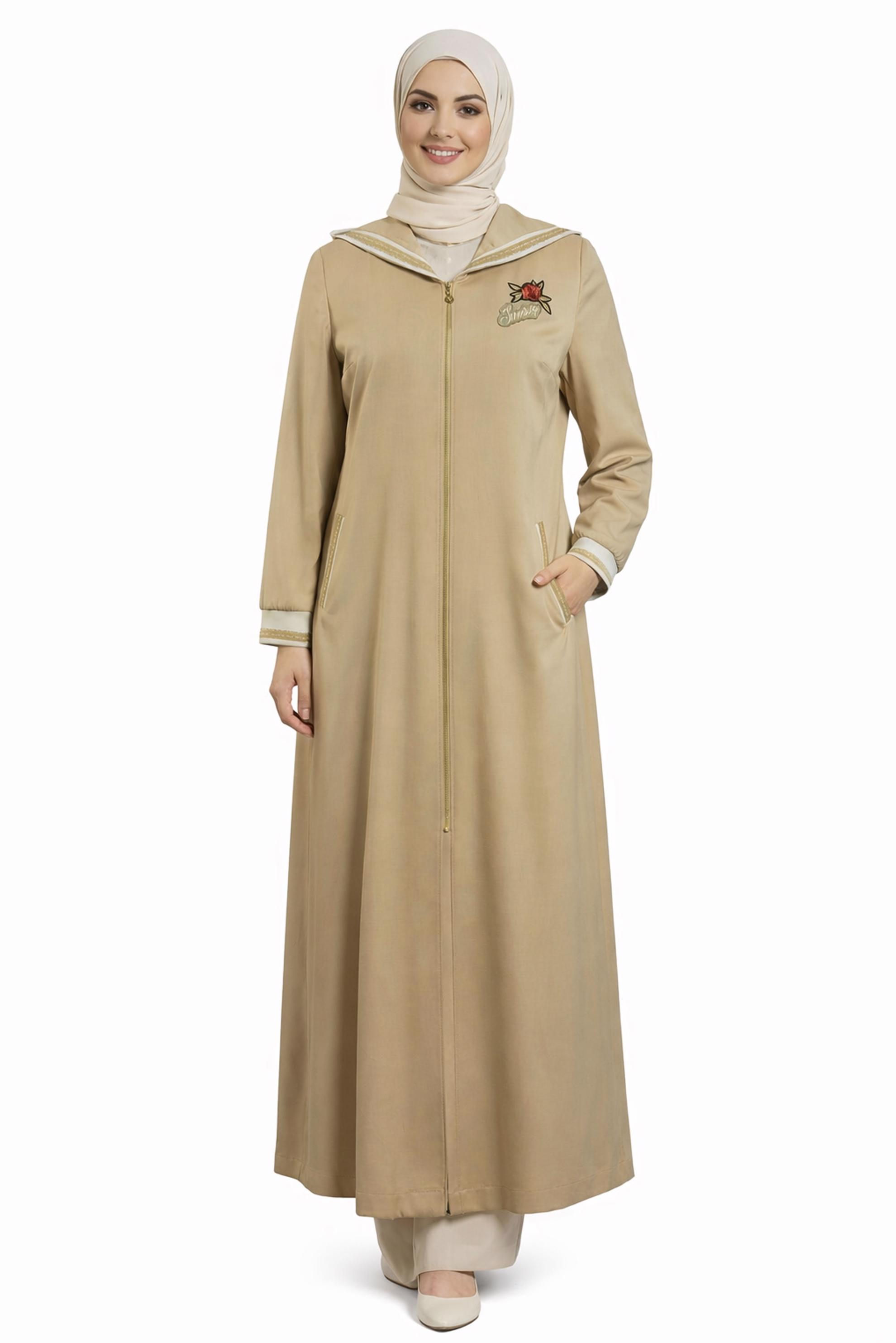 Tesettür giyim BEJ KAPÜŞONLU PARDESÜ 1071