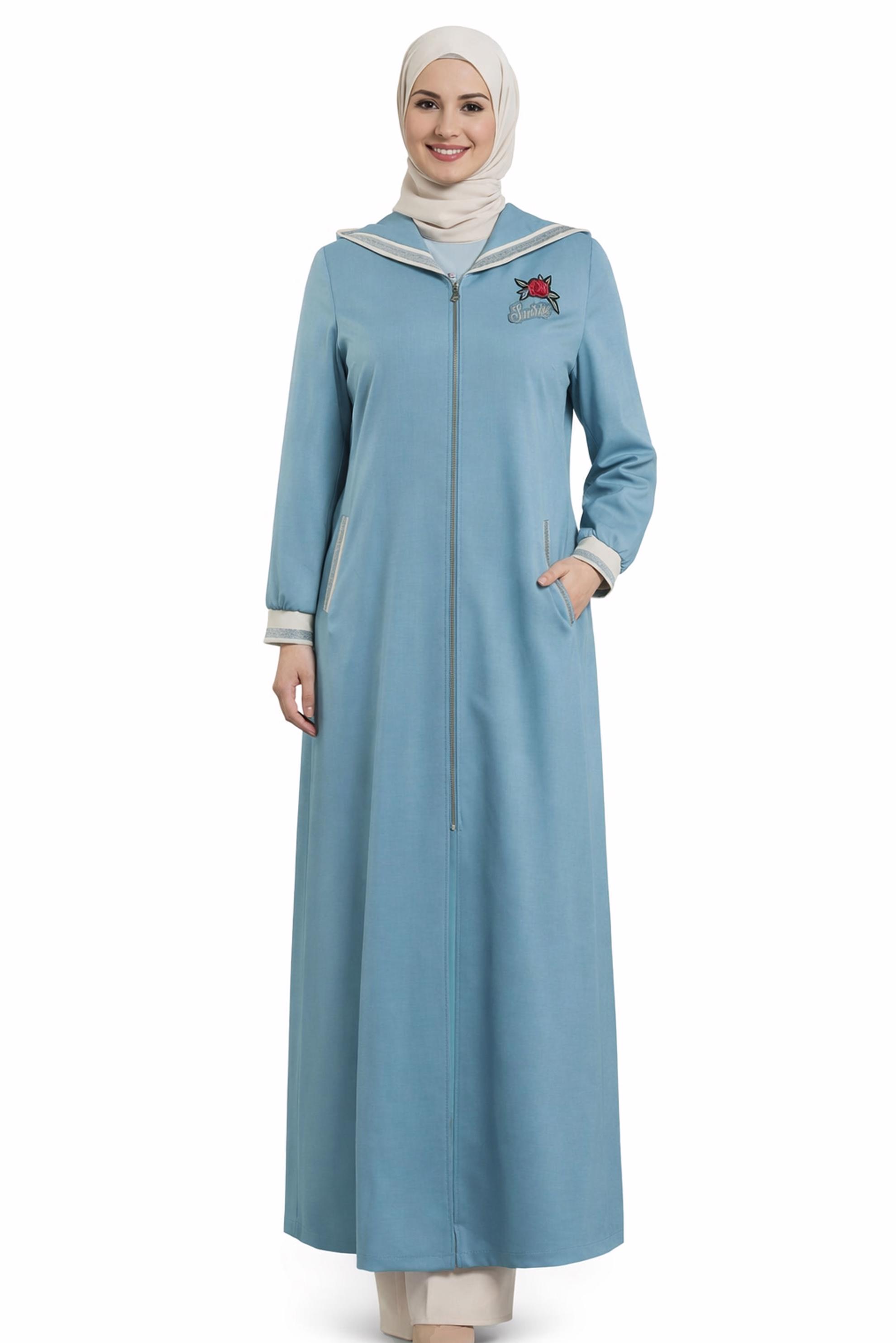 Tesettür giyim MAVİ KAPÜŞONLU PARDESÜ 1071