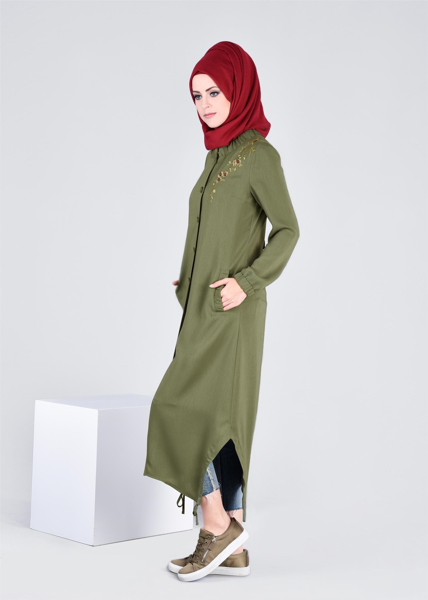 Tesettür giyim HAKİ 1072 NEW DEFNE PARDESÜ 38/46