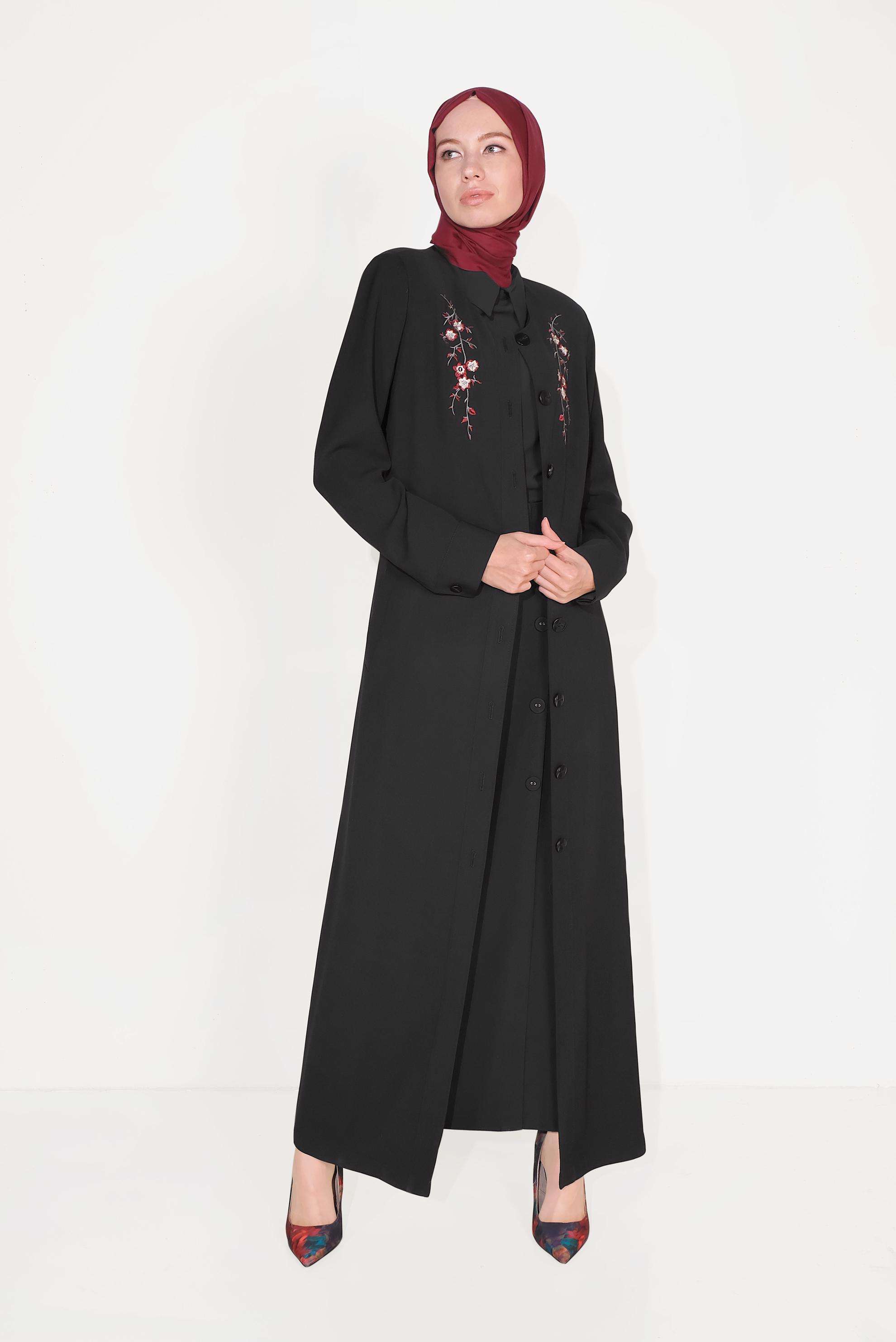Tesettür giyim SİYAH ÇİÇEK NAKIŞLI PARDESÜ 1086
