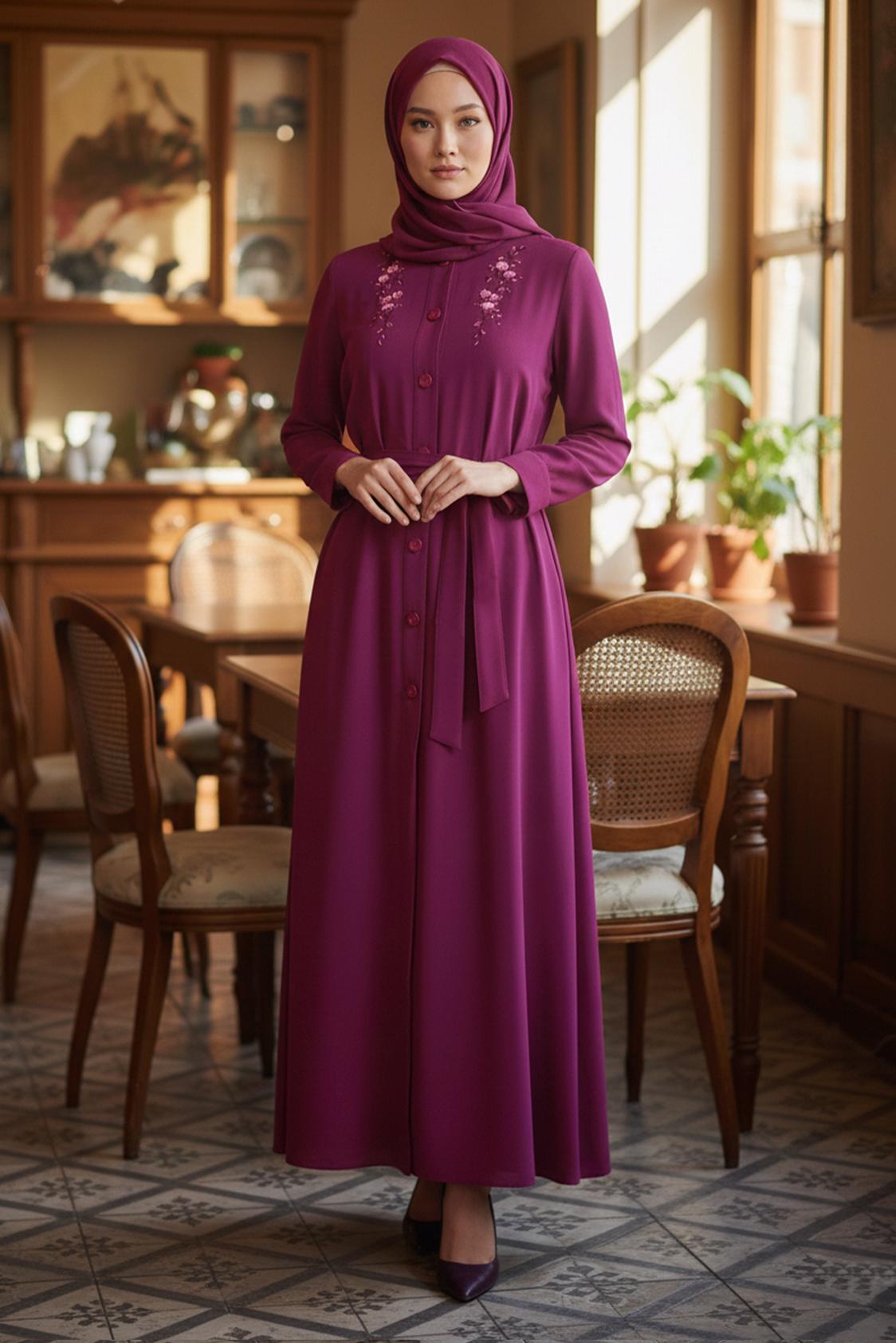 Tesettür giyim BORDO ÇİÇEK NAKIŞLI PARDESÜ 1086