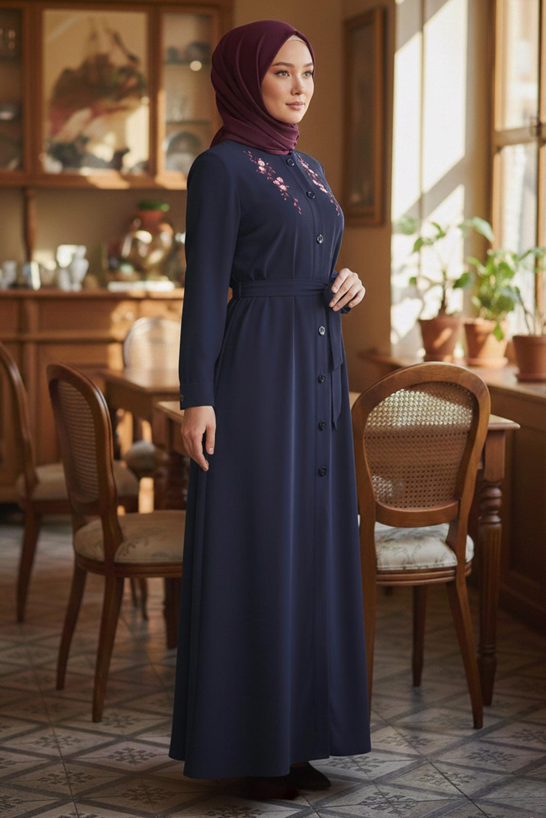 Tesettür giyim LACİVERT ÇİÇEK NAKIŞLI PARDESÜ 1086