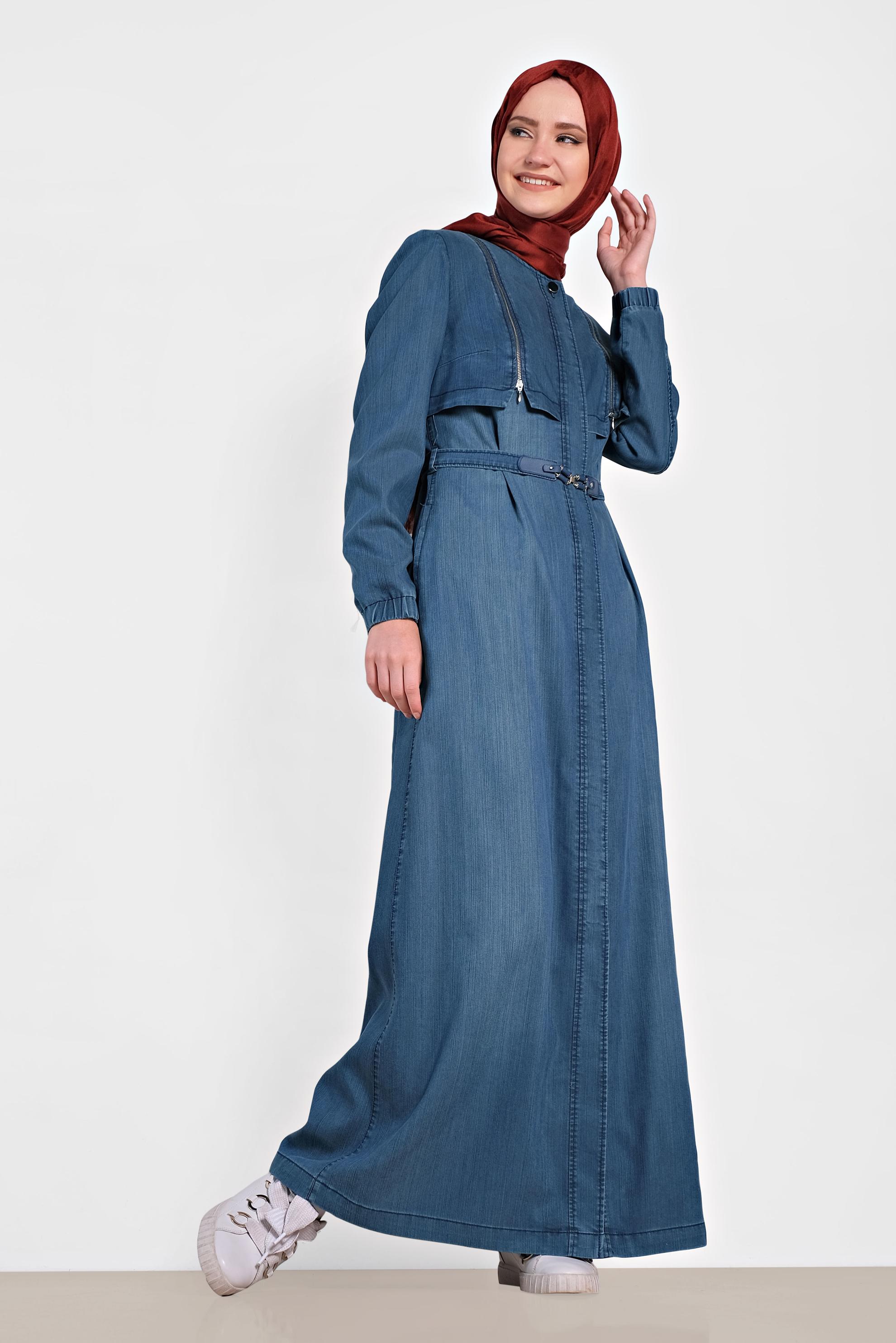 Tesettür giyim LACİVERT KEMER DETAYLI DENİM PARDESÜ 1099 