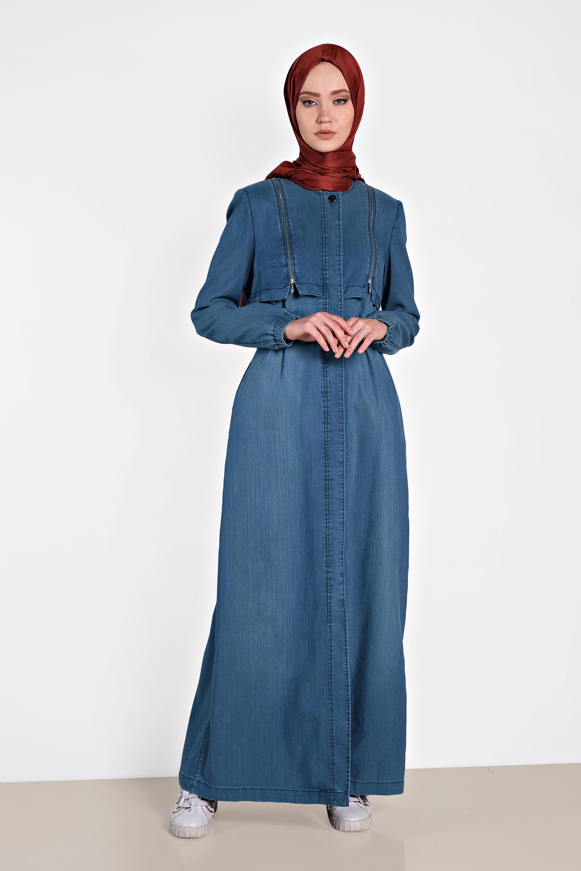 Tesettür giyim LACİVERT KEMER DETAYLI DENİM PARDESÜ 1099 