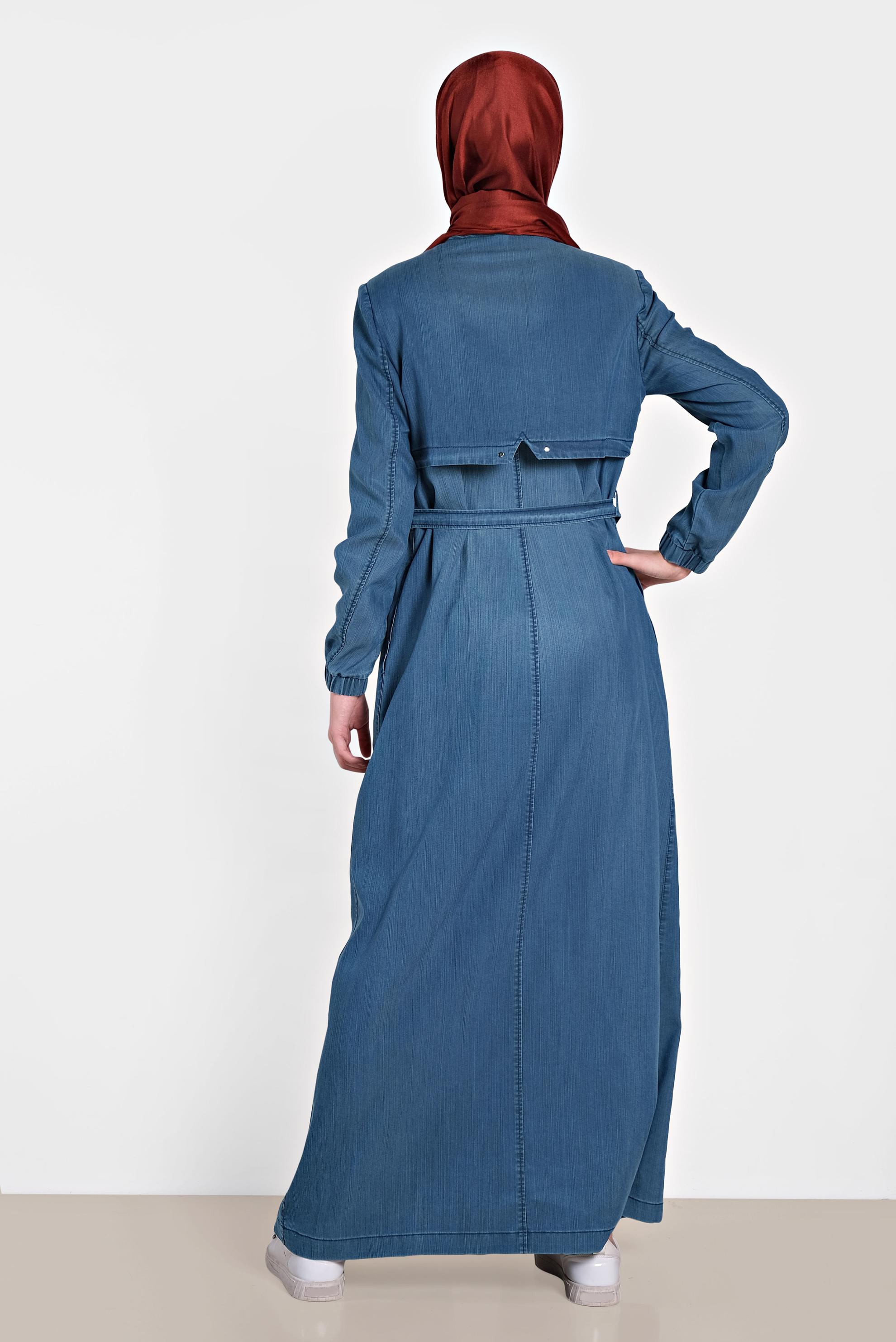 Tesettür giyim LACİVERT KEMER DETAYLI DENİM PARDESÜ 1099 