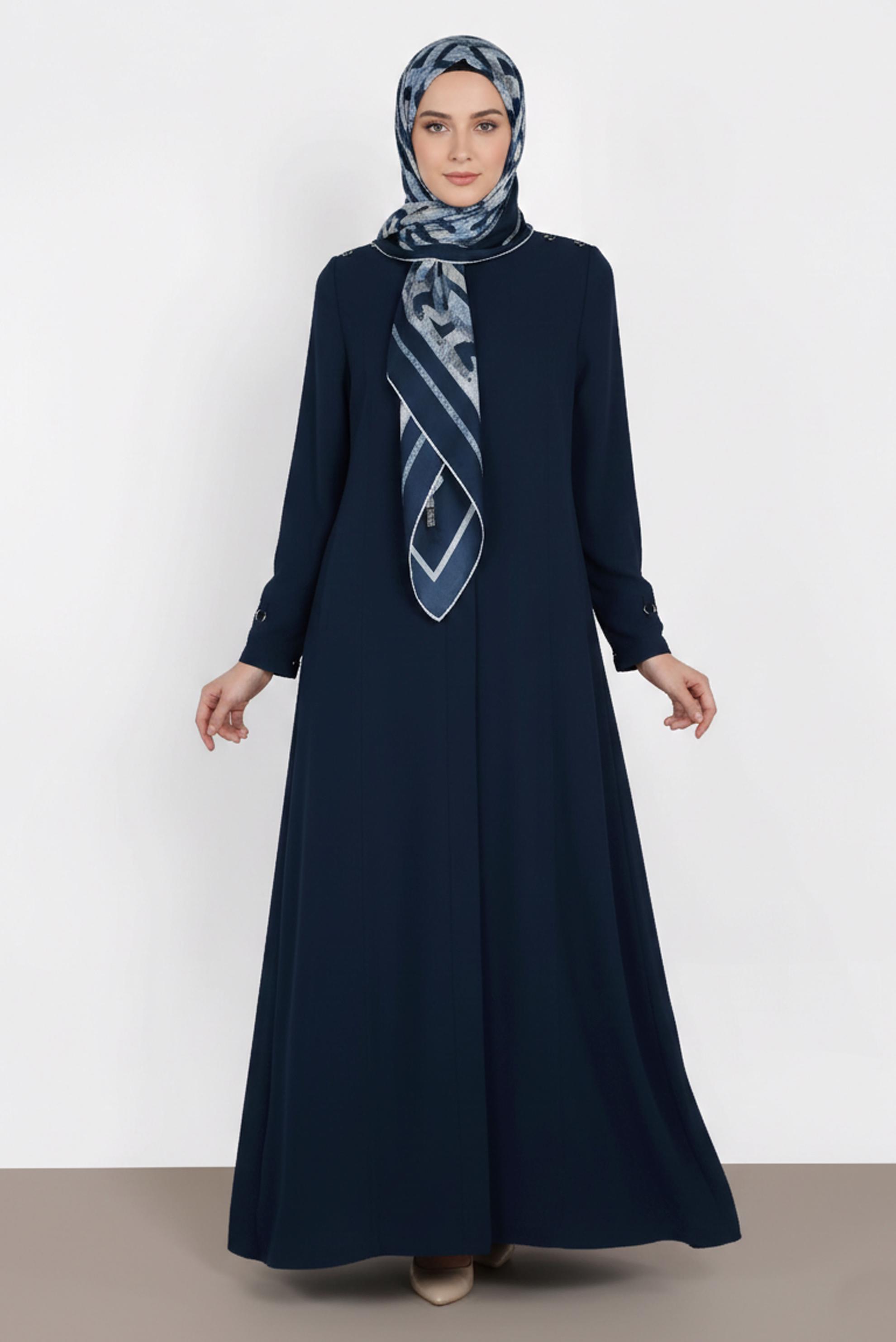 Hijab clothing NAVY BLUE BUTTON DETAILED TOPCOAT 1100