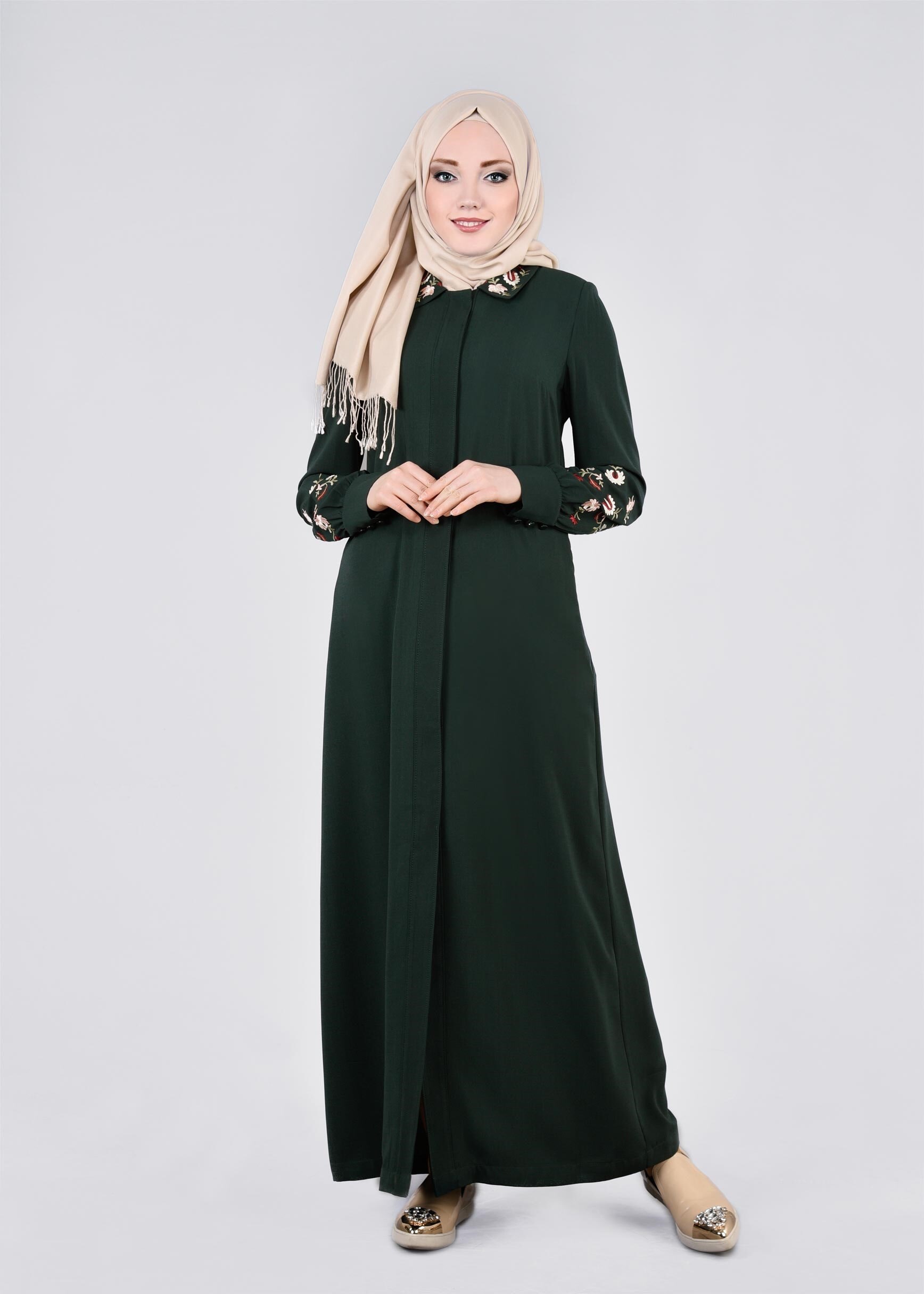 Tesettür giyim HAKİ İŞLEME DETAYLI PARDESÜ 1114