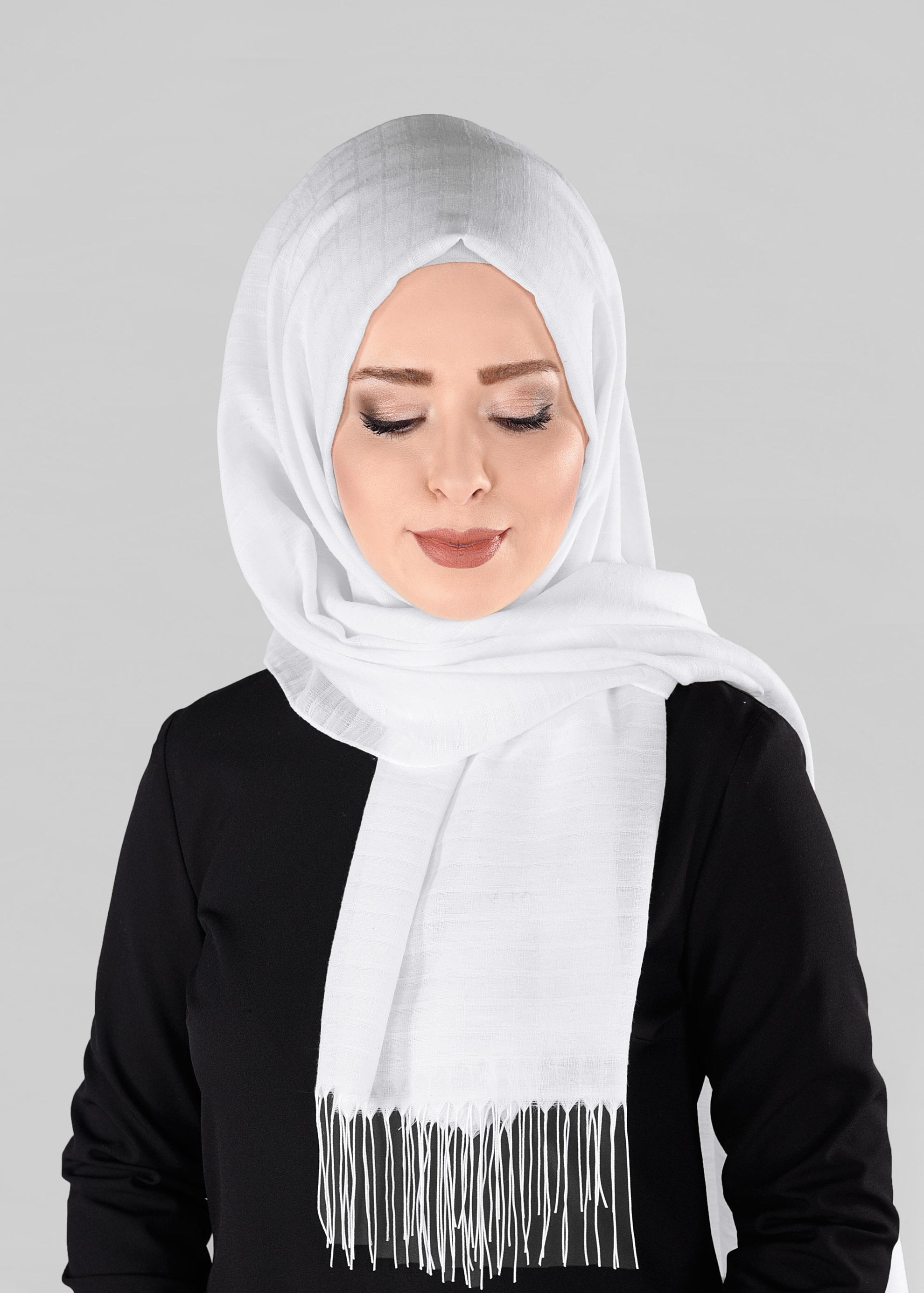 Tesettür giyim EKRU 9851 ALVİNA KETEN PÜSKÜLLÜ ŞAL