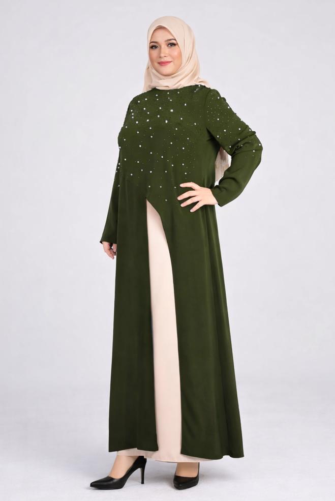 Hijab clothing KHAKI GEM DETAILED SKIRTED SUIT 3374 - ALVİNA
