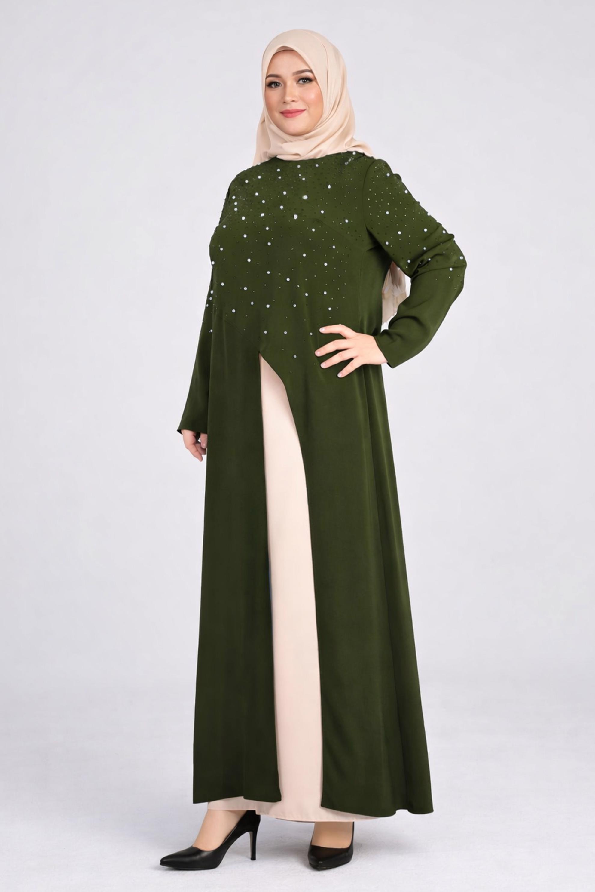 Tesettür giyim HAKİ ETEKLİ TAŞ BASKILI TAKIM 3374