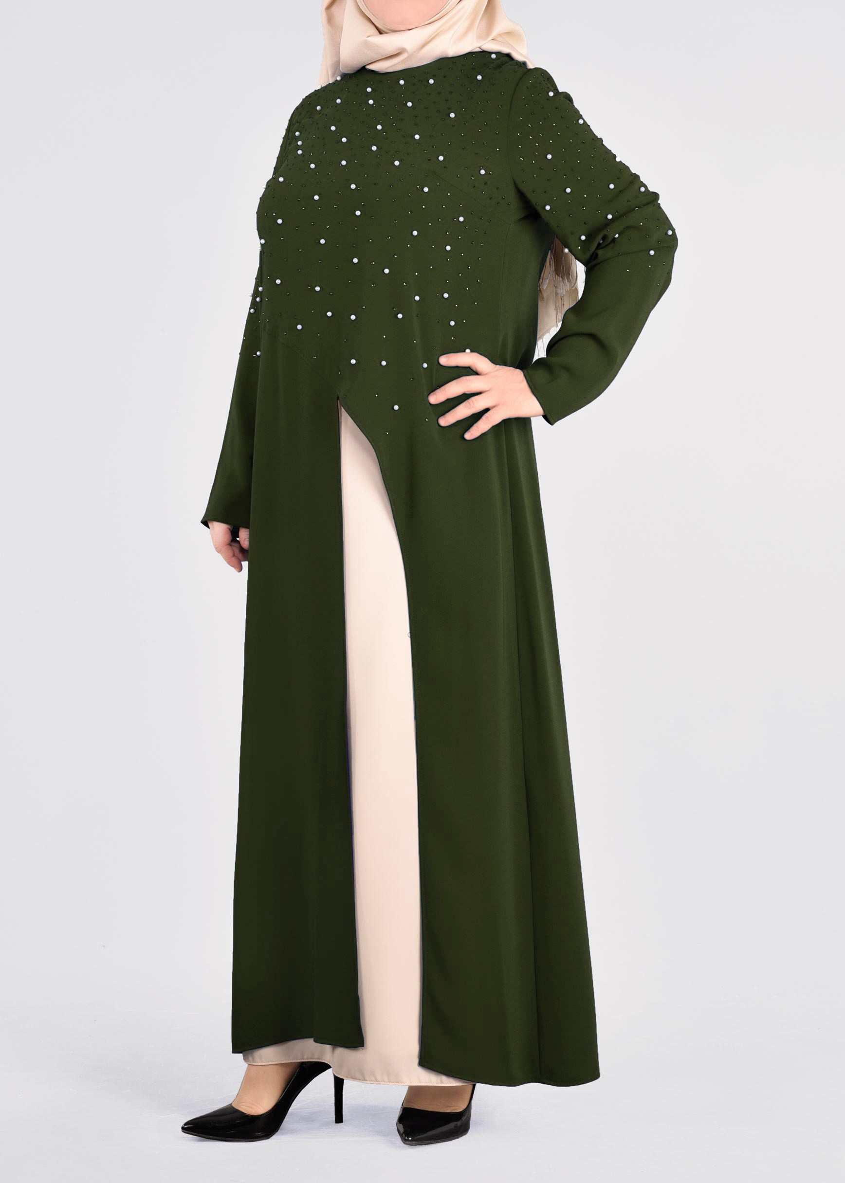 Tesettür giyim HAKİ 3374E VİRONA 2′Lİ ETEKLİ TAKIM 42/48 TEK40