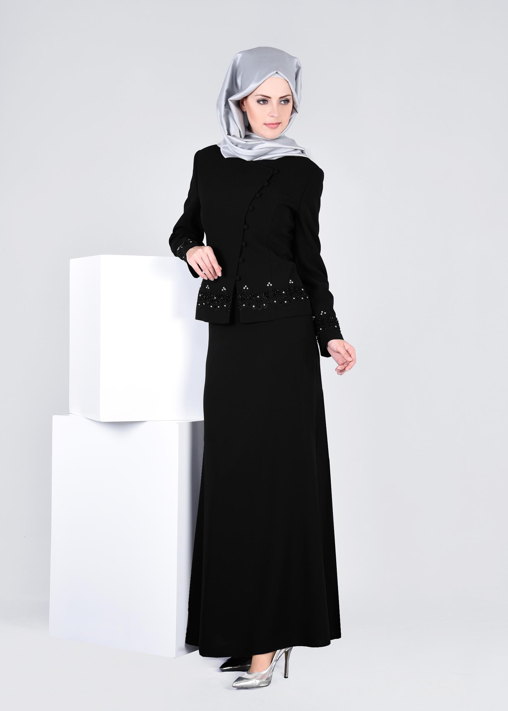Tesettür giyim SİYAH 3378E NEW SUZANNA 2&prime;Lİ ETEKLİ TK.40/46 TEK38