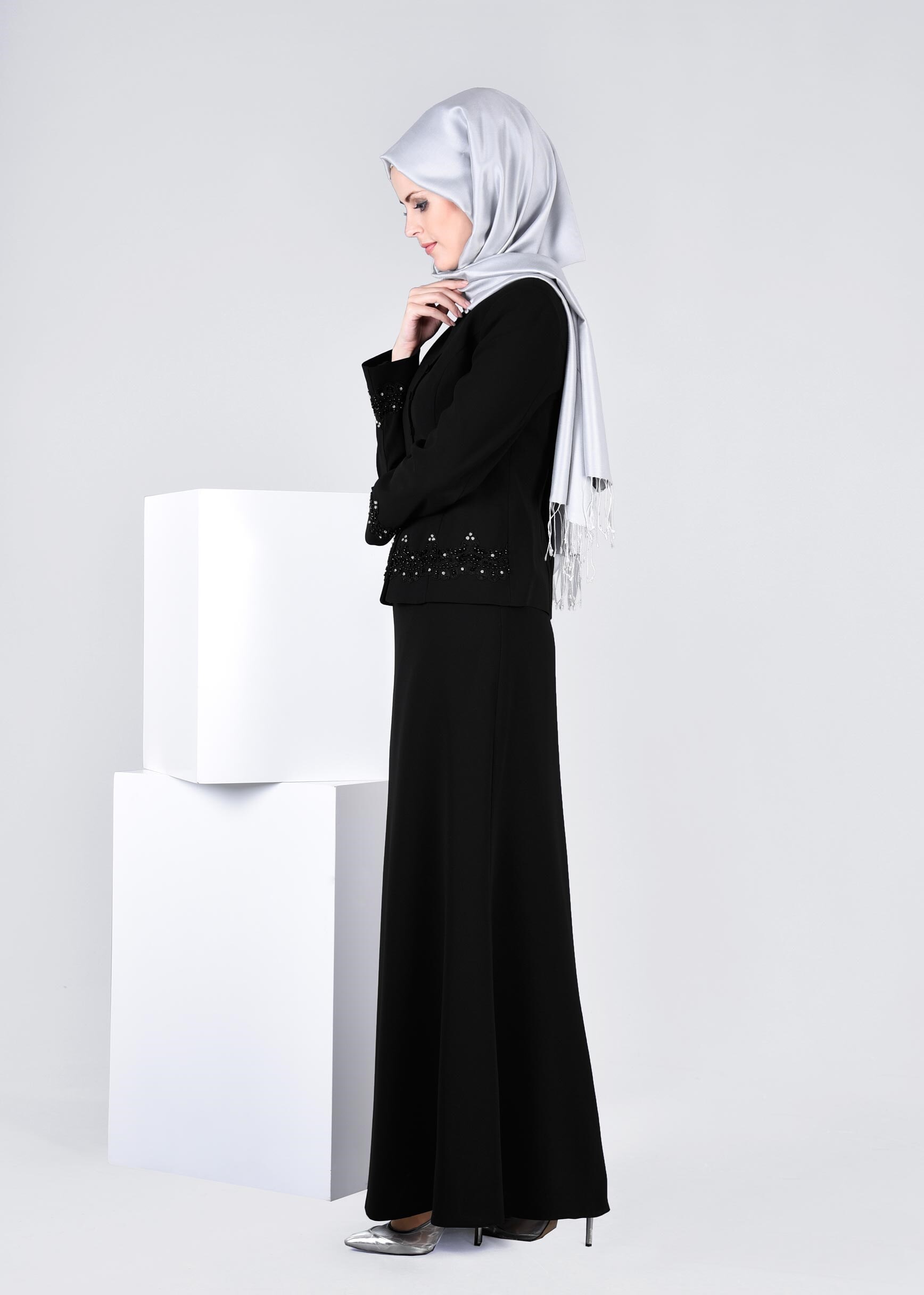 Tesettür giyim SİYAH 3378E NEW SUZANNA 2&prime;Lİ ETEKLİ TK.40/46 TEK38