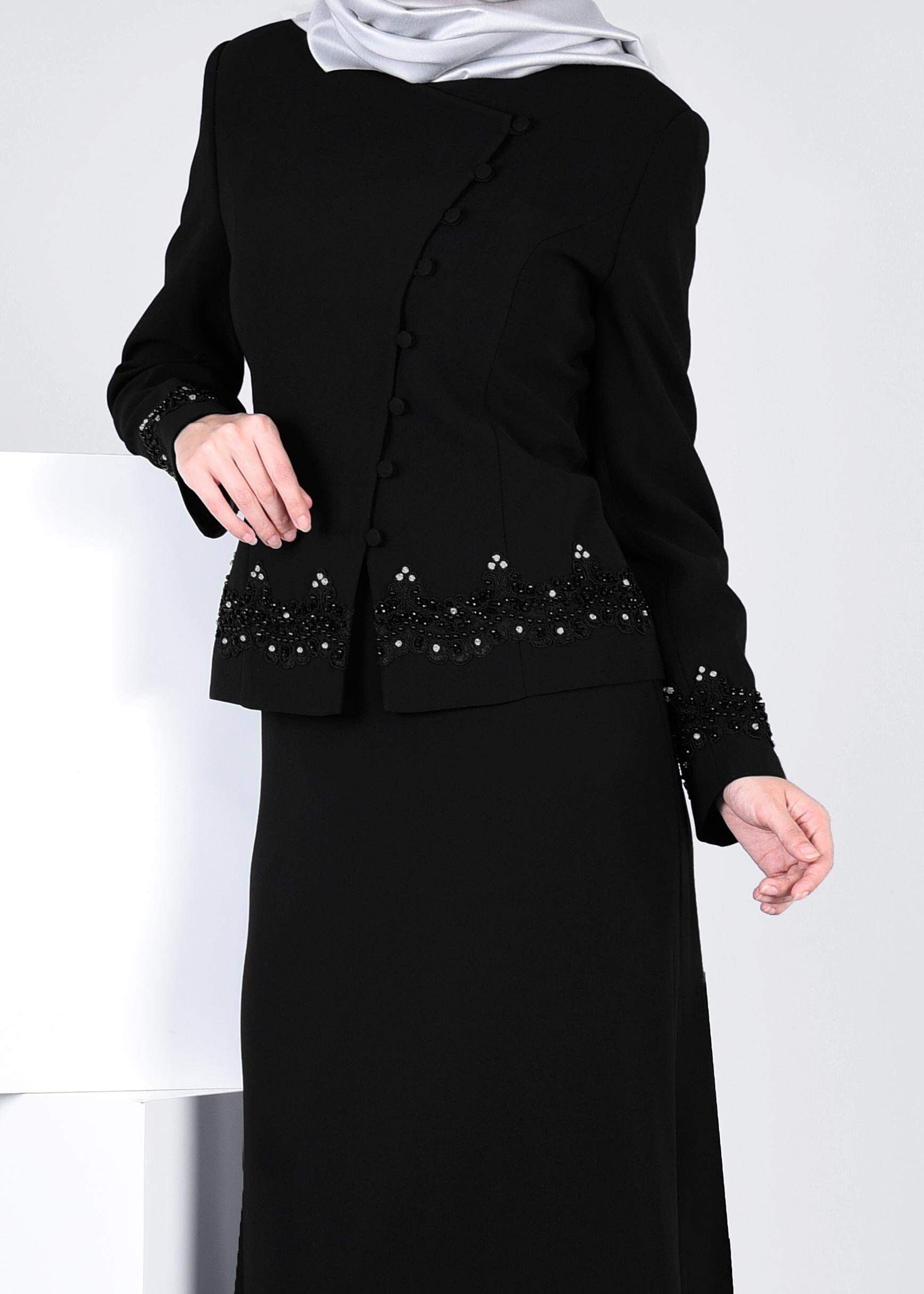 Tesettür giyim SİYAH 3378E NEW SUZANNA 2&prime;Lİ ETEKLİ TK.40/46 TEK38