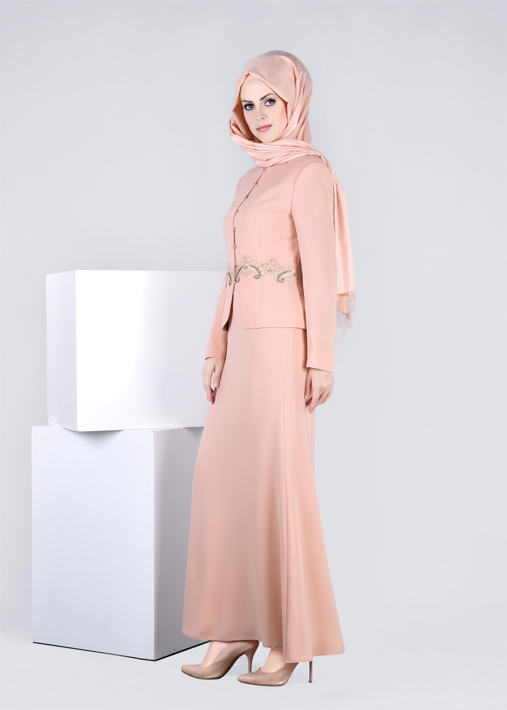 Tesettür giyim PUDRA 3380E NEW SUZANNA 2′Lİ ETEKLİ TK.40/46 TEK38