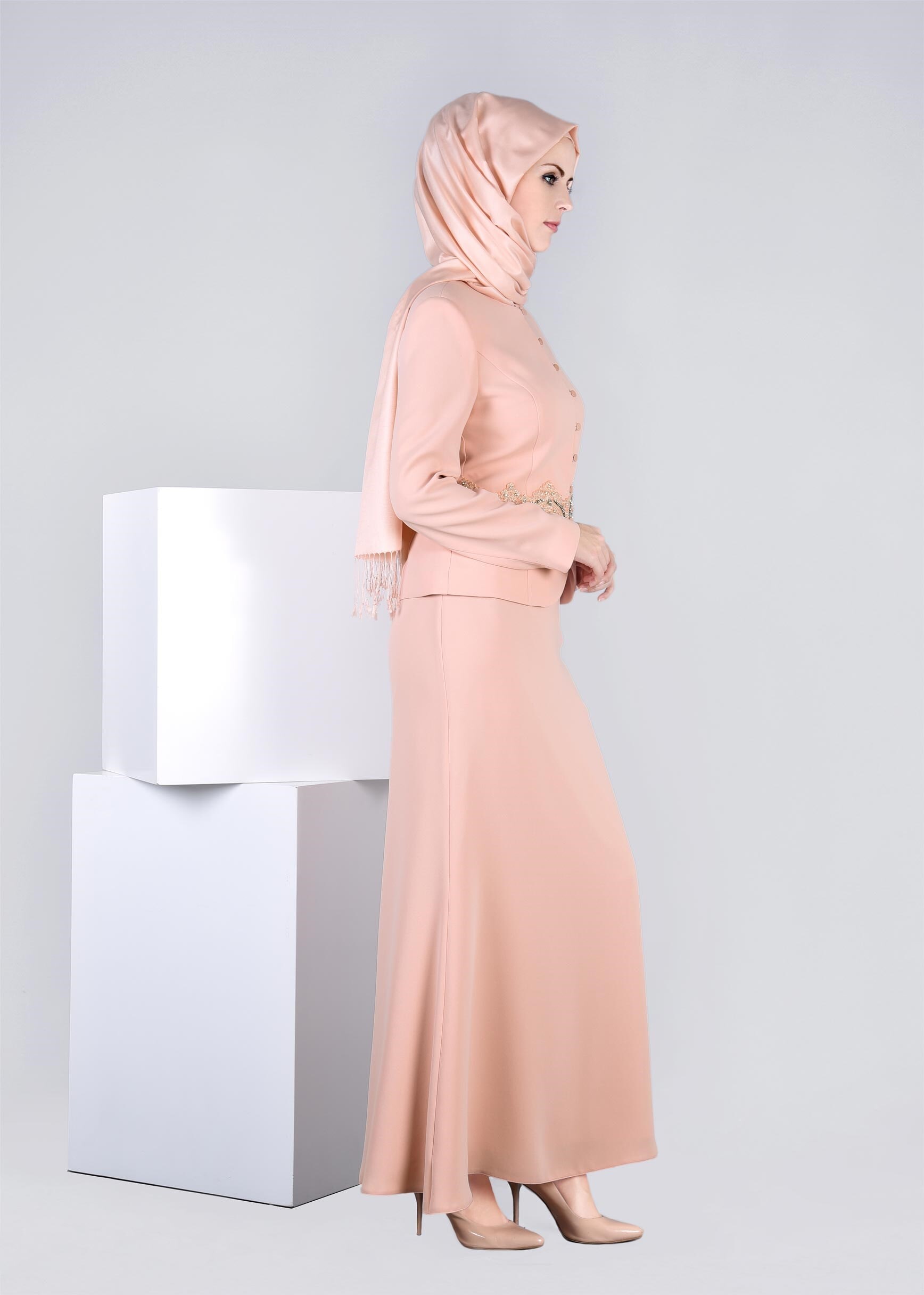 Tesettür giyim PUDRA 3380E NEW SUZANNA 2′Lİ ETEKLİ TK.40/46 TEK38