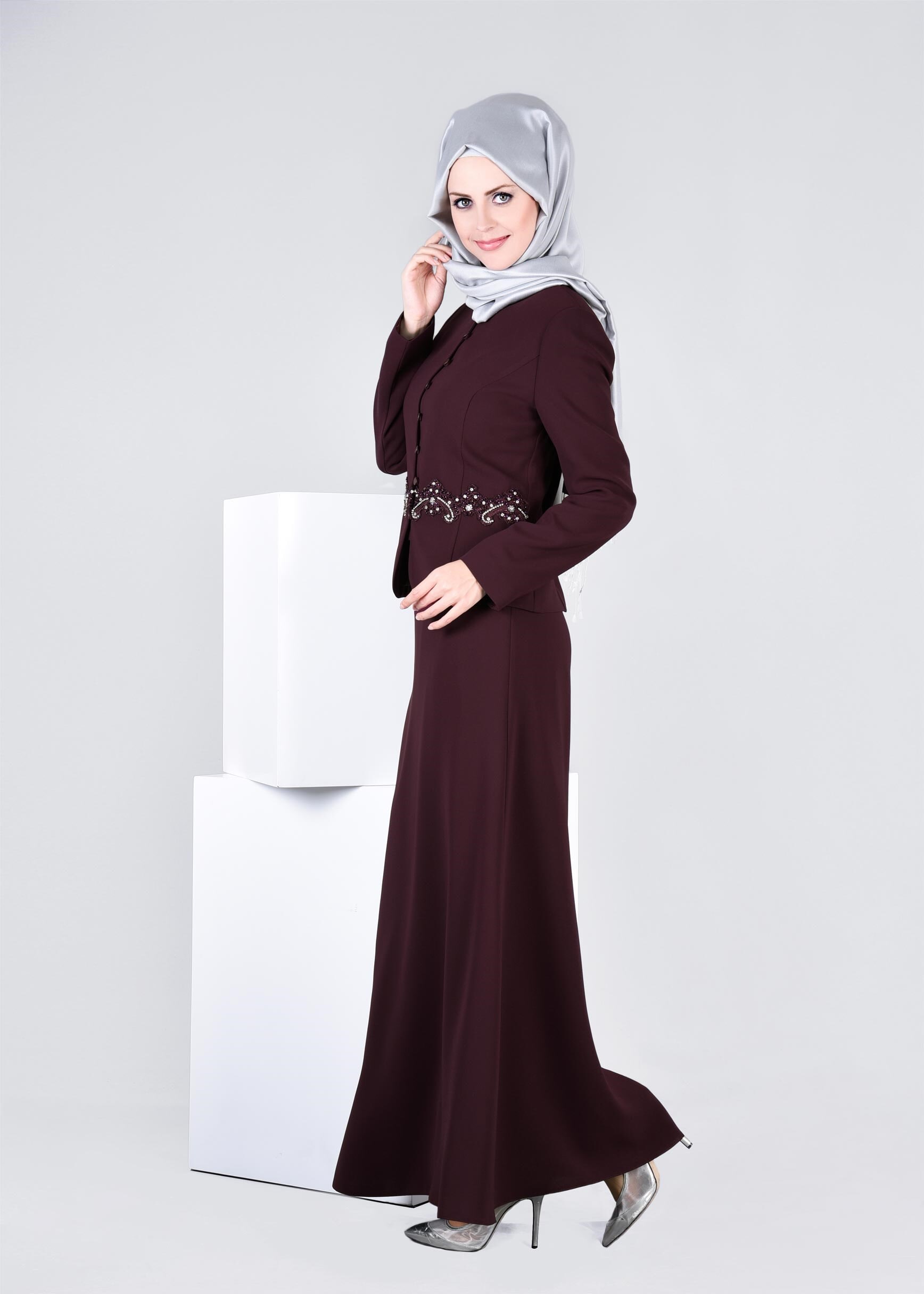Tesettür giyim BORDO 3380E NEW SUZANNA 2&prime;Lİ ETEKLİ TK.40/46 TEK38