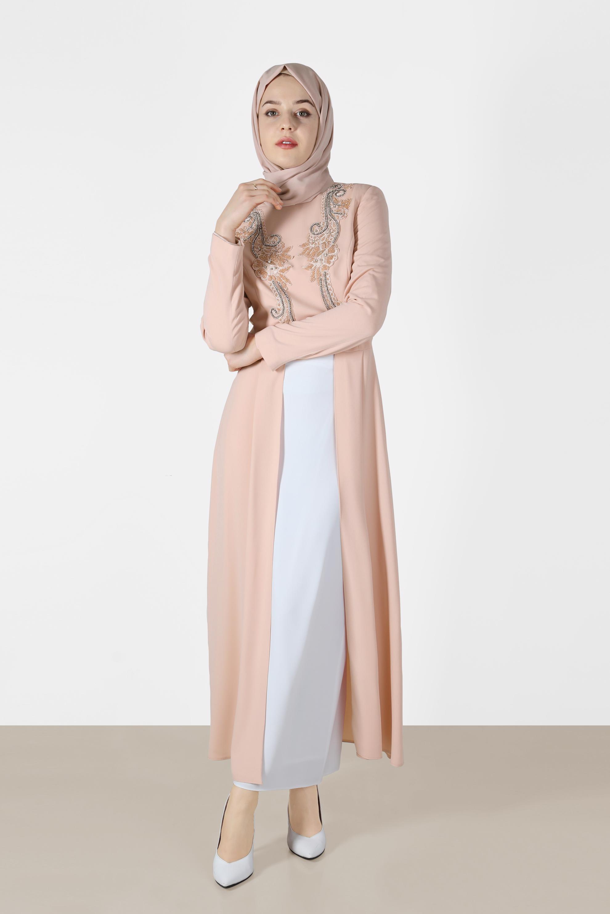 Tesettür giyim PUDRA İŞLEME DETAYLI İKİLİ ETEKLİ TAKIM 3386 