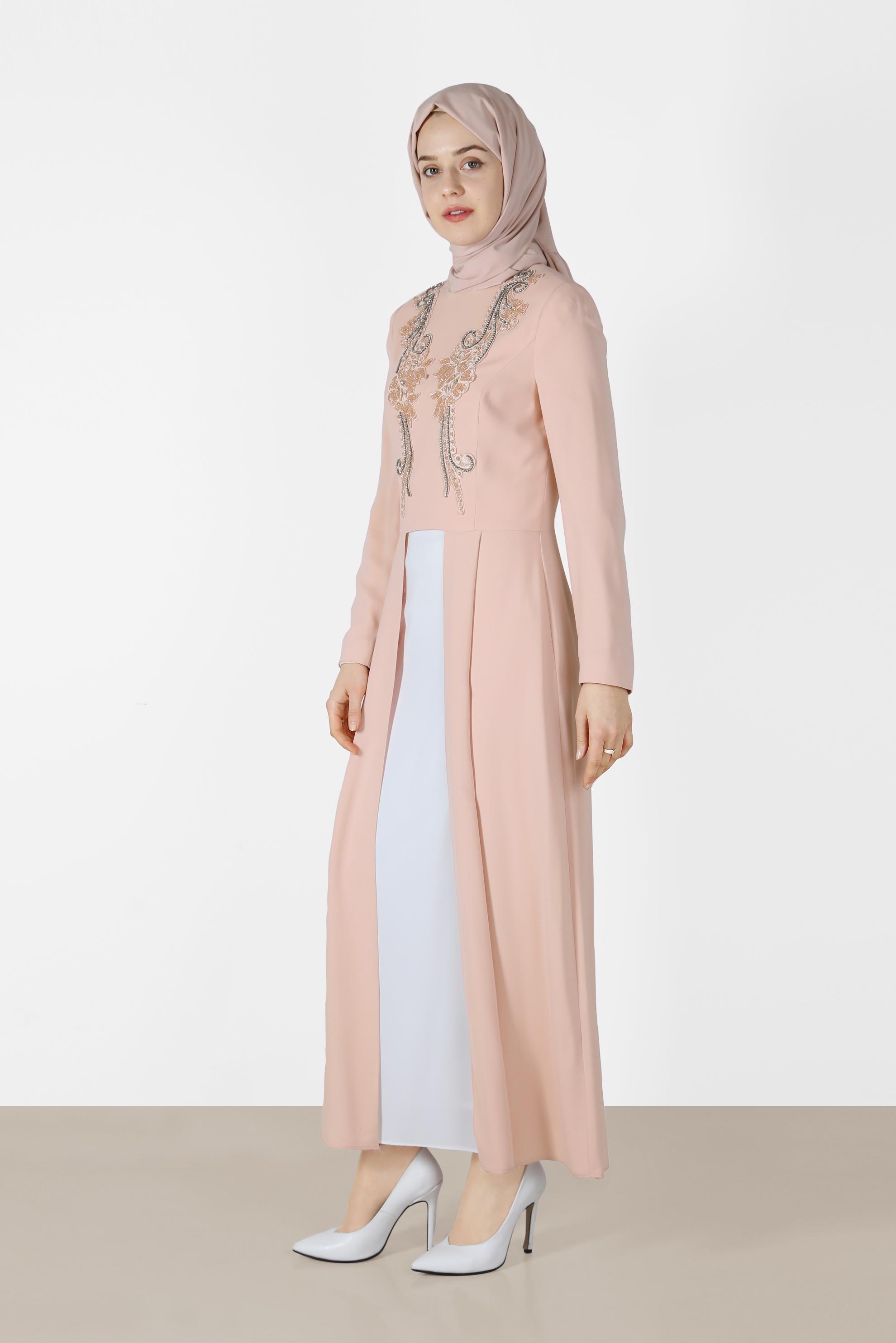 Tesettür giyim PUDRA İŞLEME DETAYLI İKİLİ ETEKLİ TAKIM 3386 