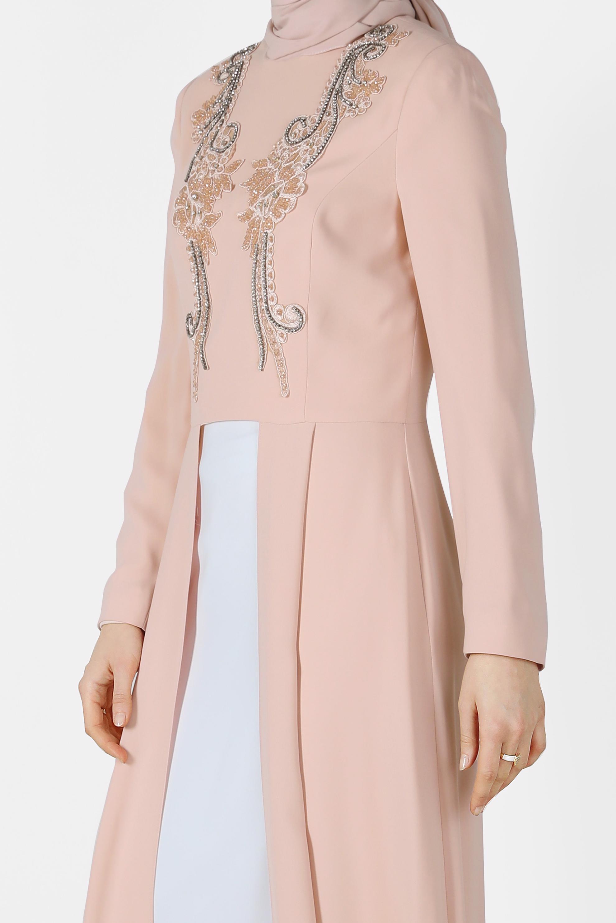 Tesettür giyim PUDRA İŞLEME DETAYLI İKİLİ ETEKLİ TAKIM 3386 