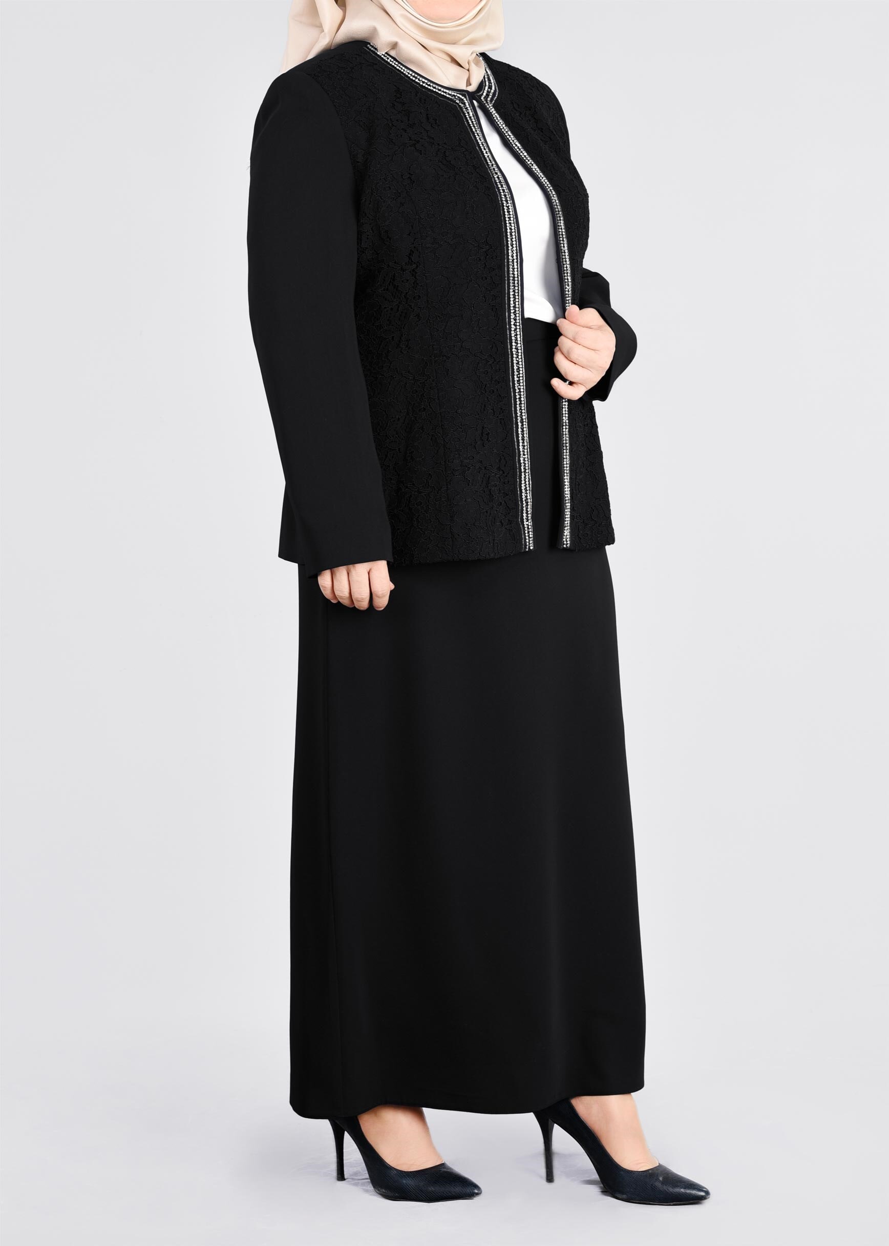 Tesettür giyim SİYAH 3391E ASLI 5929 3′LÜ ETEKLİ TAKIM 46/52 TEK44