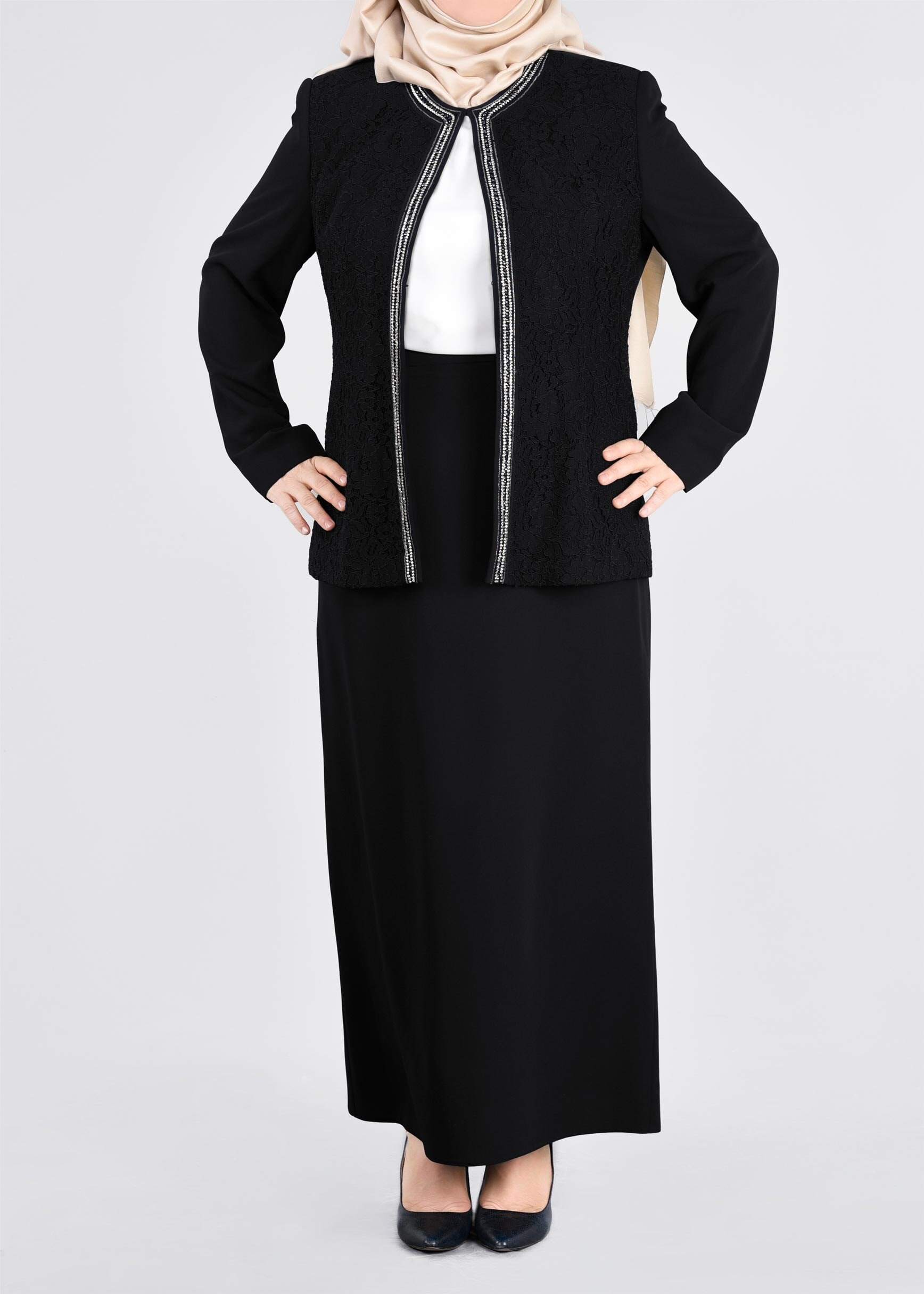 Tesettür giyim SİYAH 3391E ASLI 5929 3′LÜ ETEKLİ TAKIM 46/52 TEK44