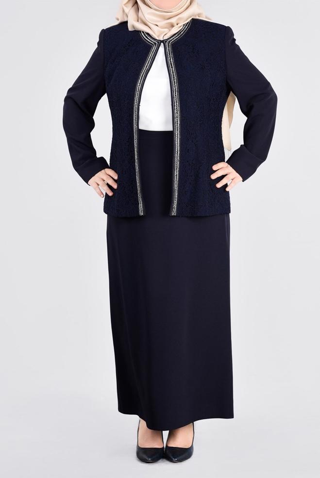 Tesettür giyim LACİVERT 3391E ASLI 5929 3′LÜ ETEKLİ TAKIM 46/52 TEK44 - ALVİNA