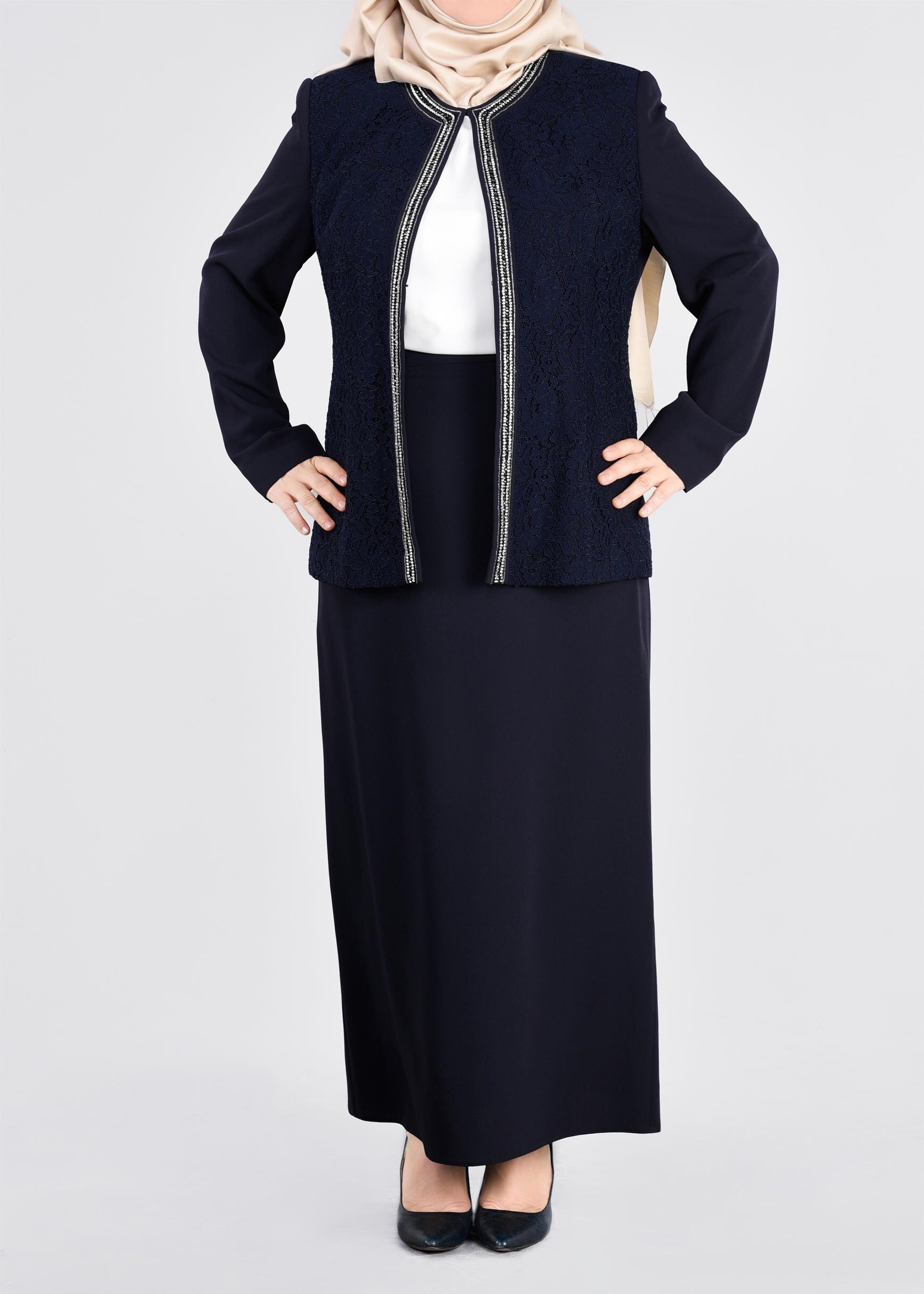 Tesettür giyim LACİVERT 3391E ASLI 5929 3′LÜ ETEKLİ TAKIM 46/52 TEK44