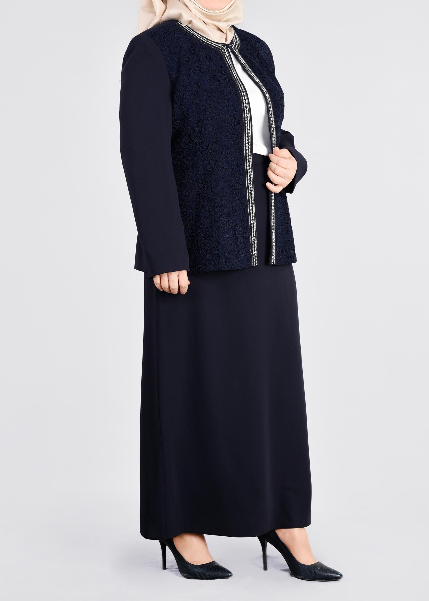 Tesettür giyim LACİVERT 3391E ASLI 5929 3′LÜ ETEKLİ TAKIM 46/52 TEK44